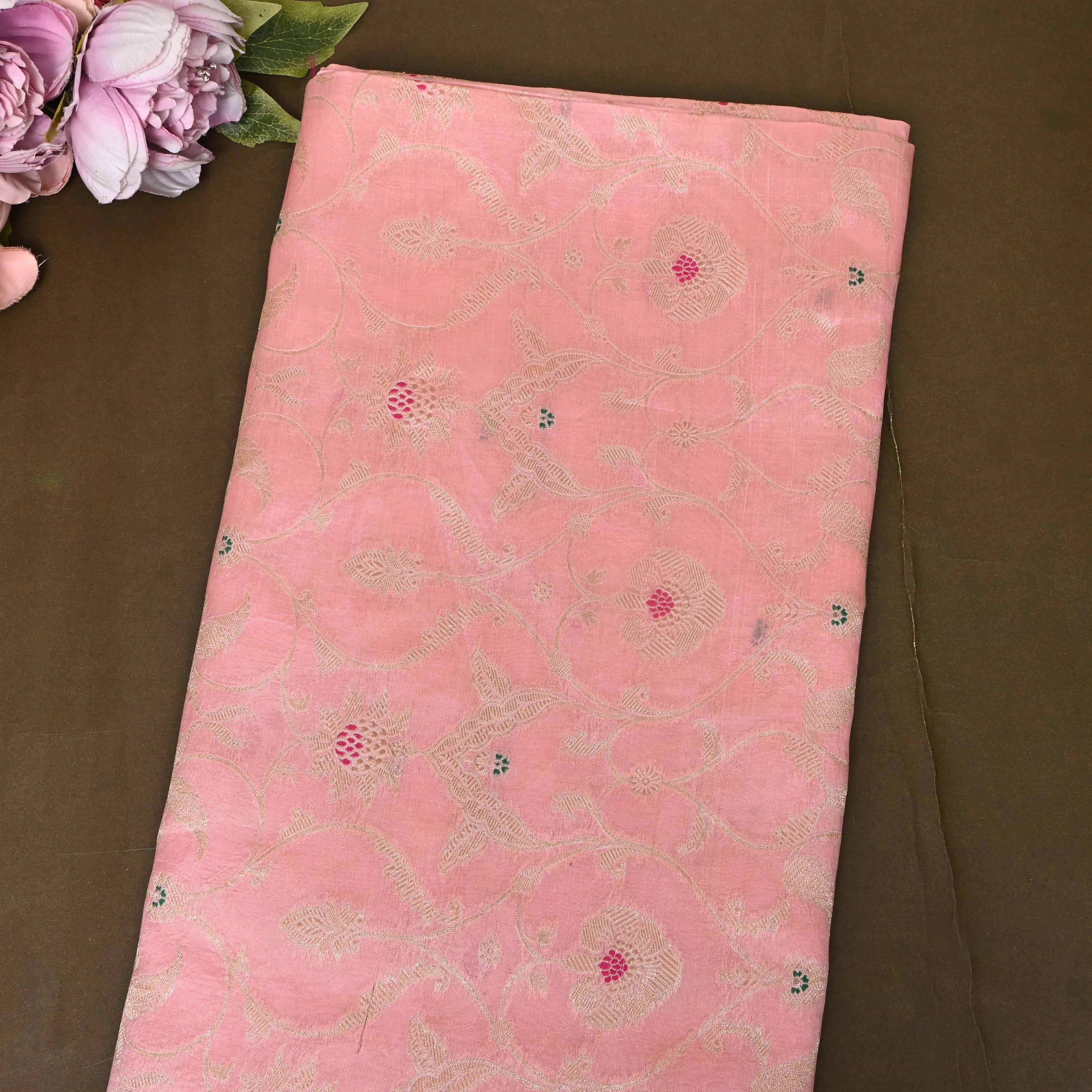 Blush Rose Jamawar With Woven Floral Vine And Pink Accents
