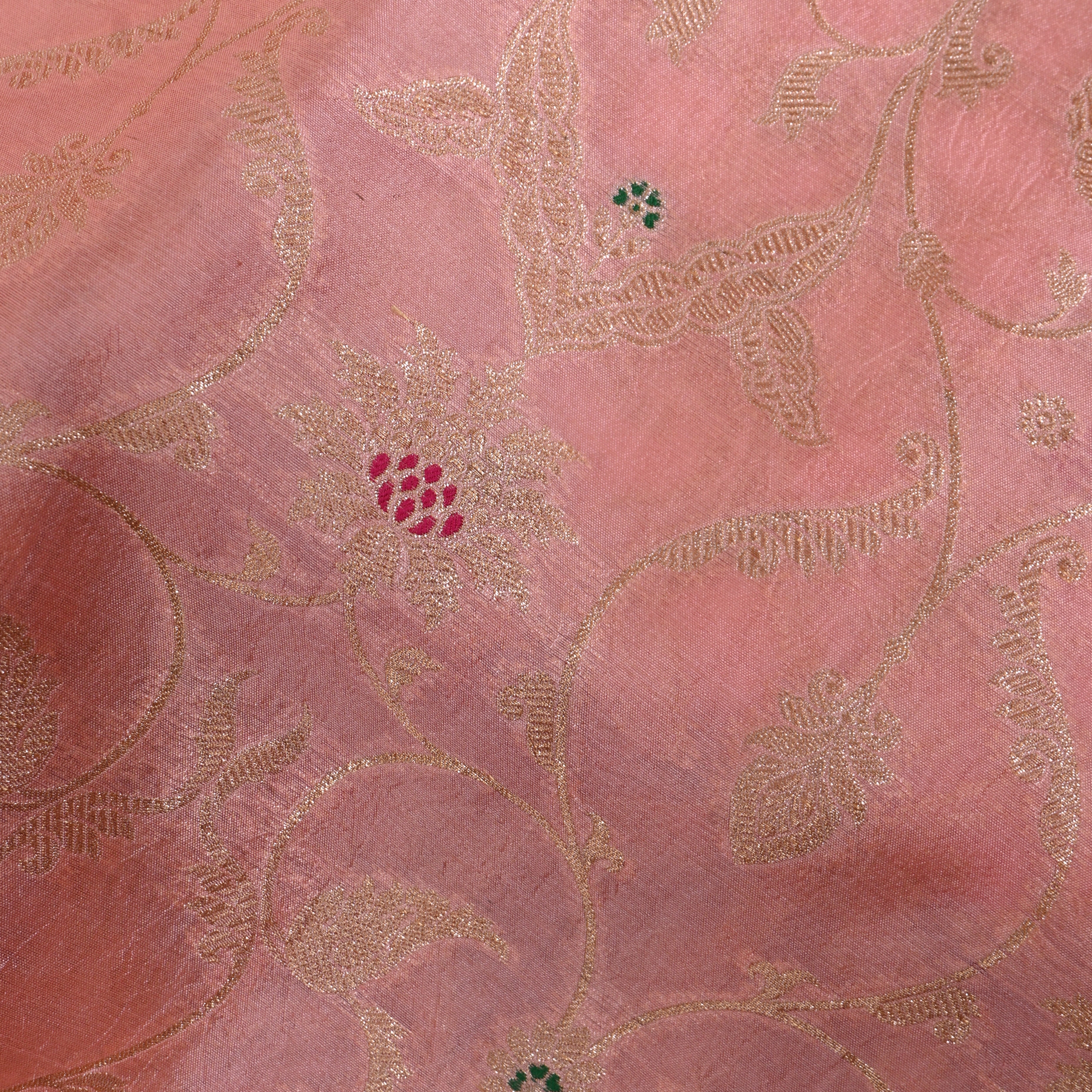 Blush Rose Jamawar With Woven Floral Vine And Pink Accents
