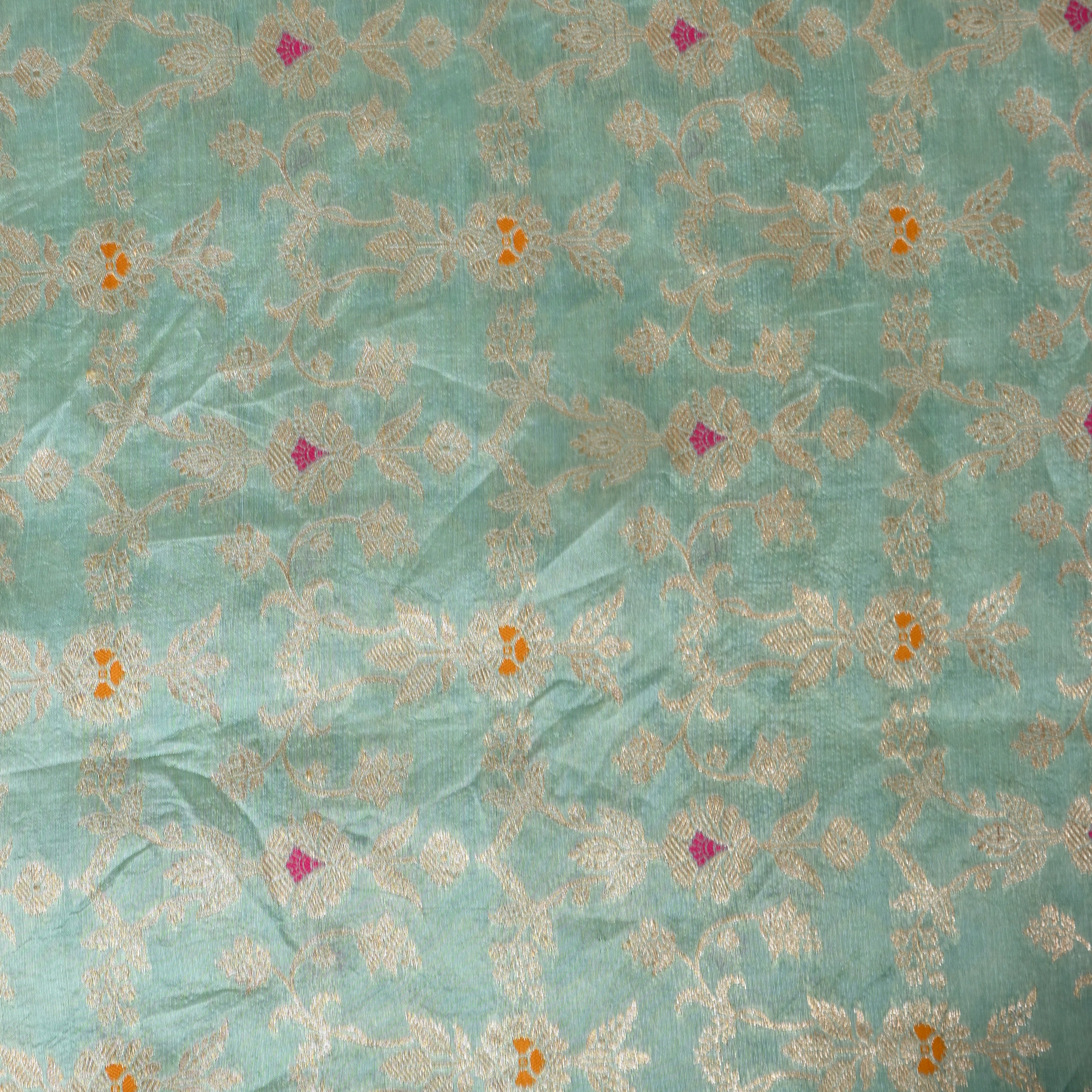 Sea Green Jamawar With Woven Floral Vine And Pink Accents
