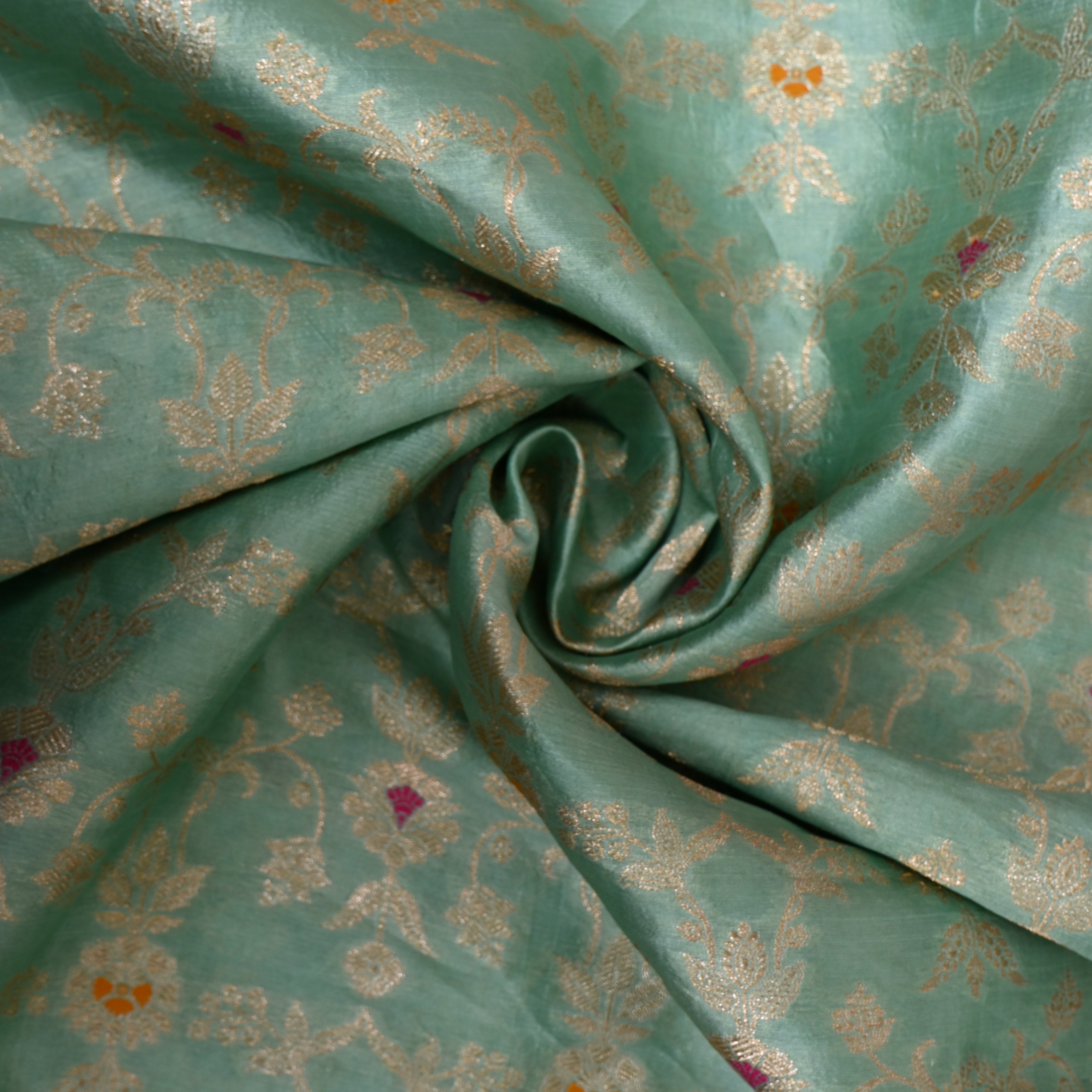 Sea Green Jamawar With Woven Floral Vine And Pink Accents