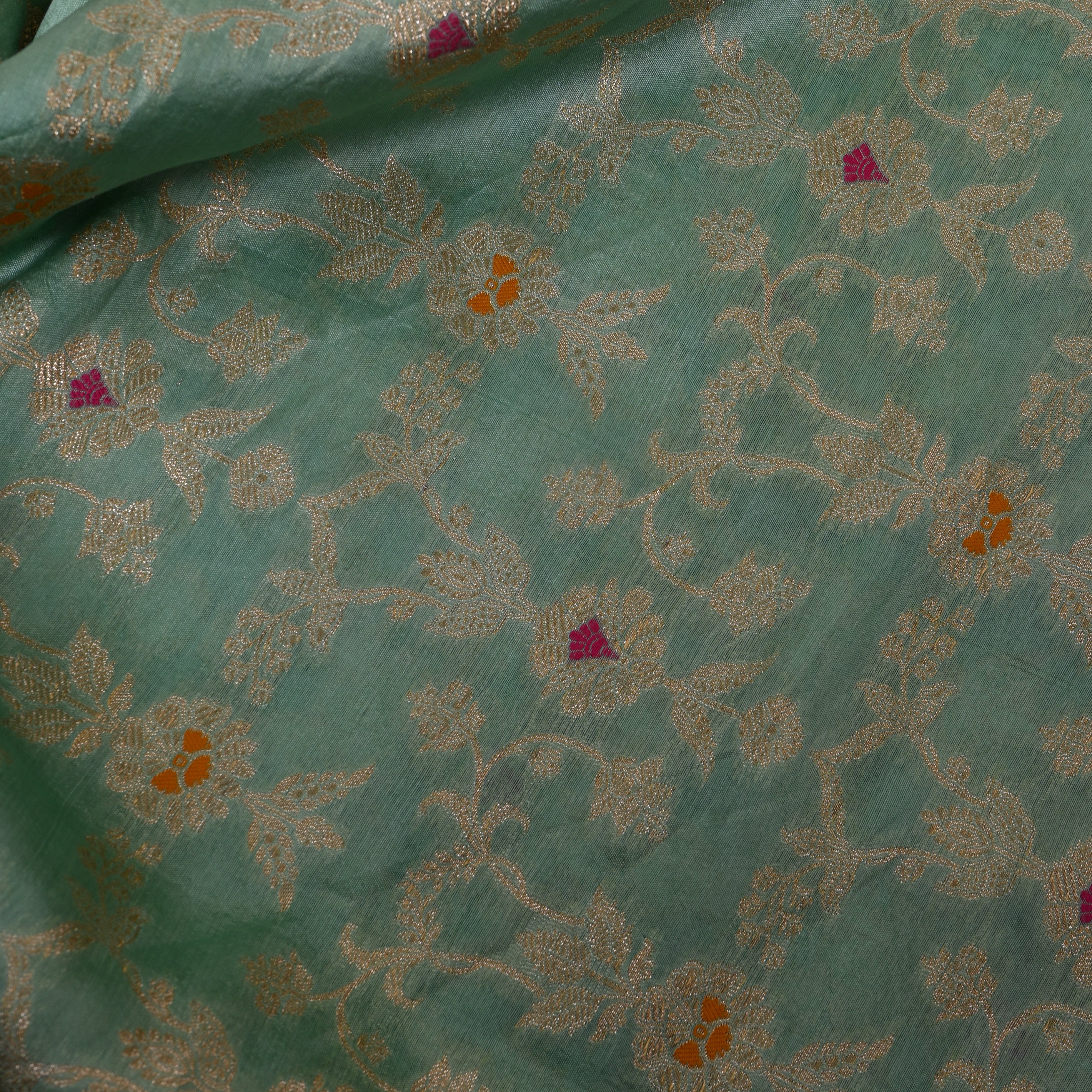 Sea Green Jamawar With Woven Floral Vine And Pink Accents