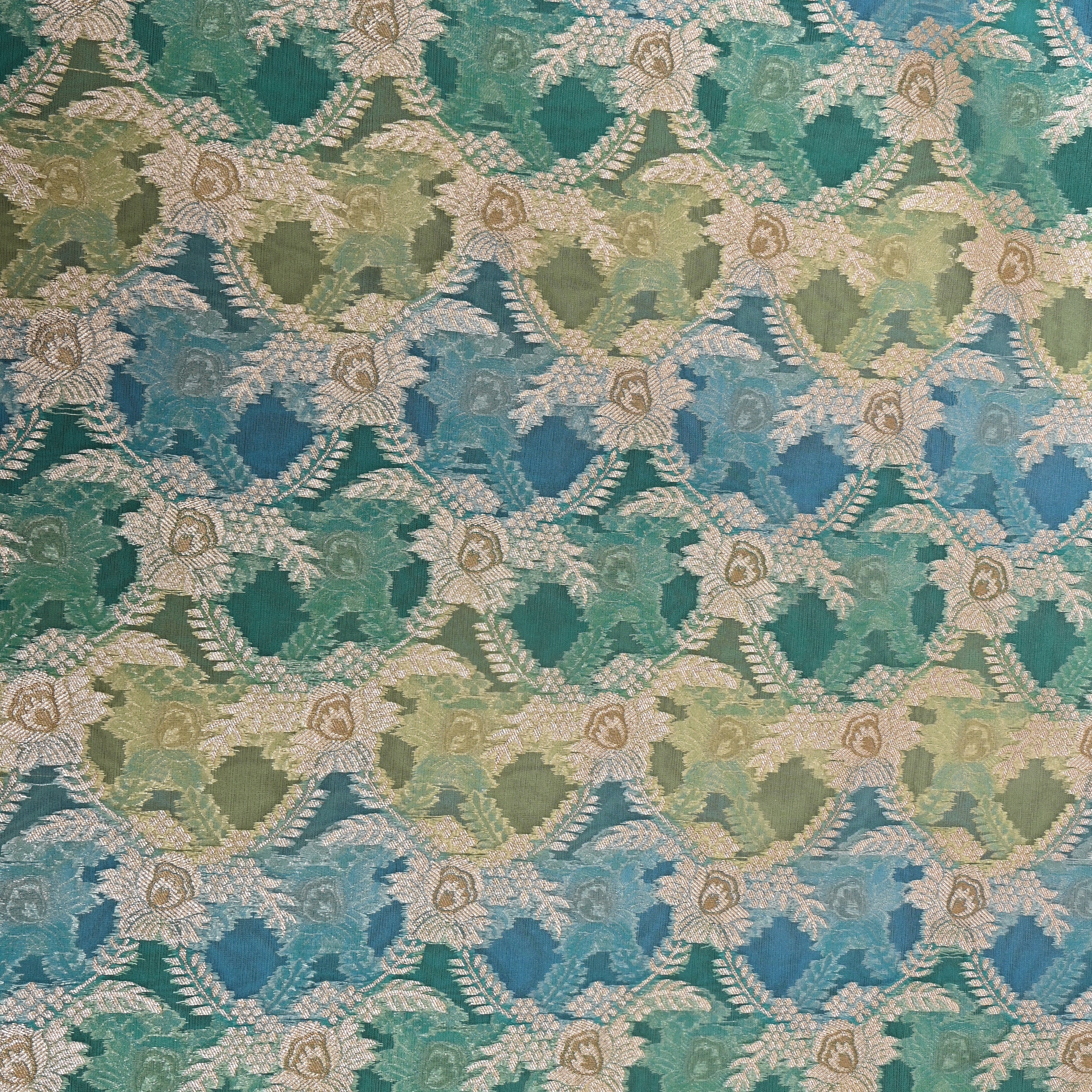 Teal Blue Green Checked Floret Jamawar Fabric