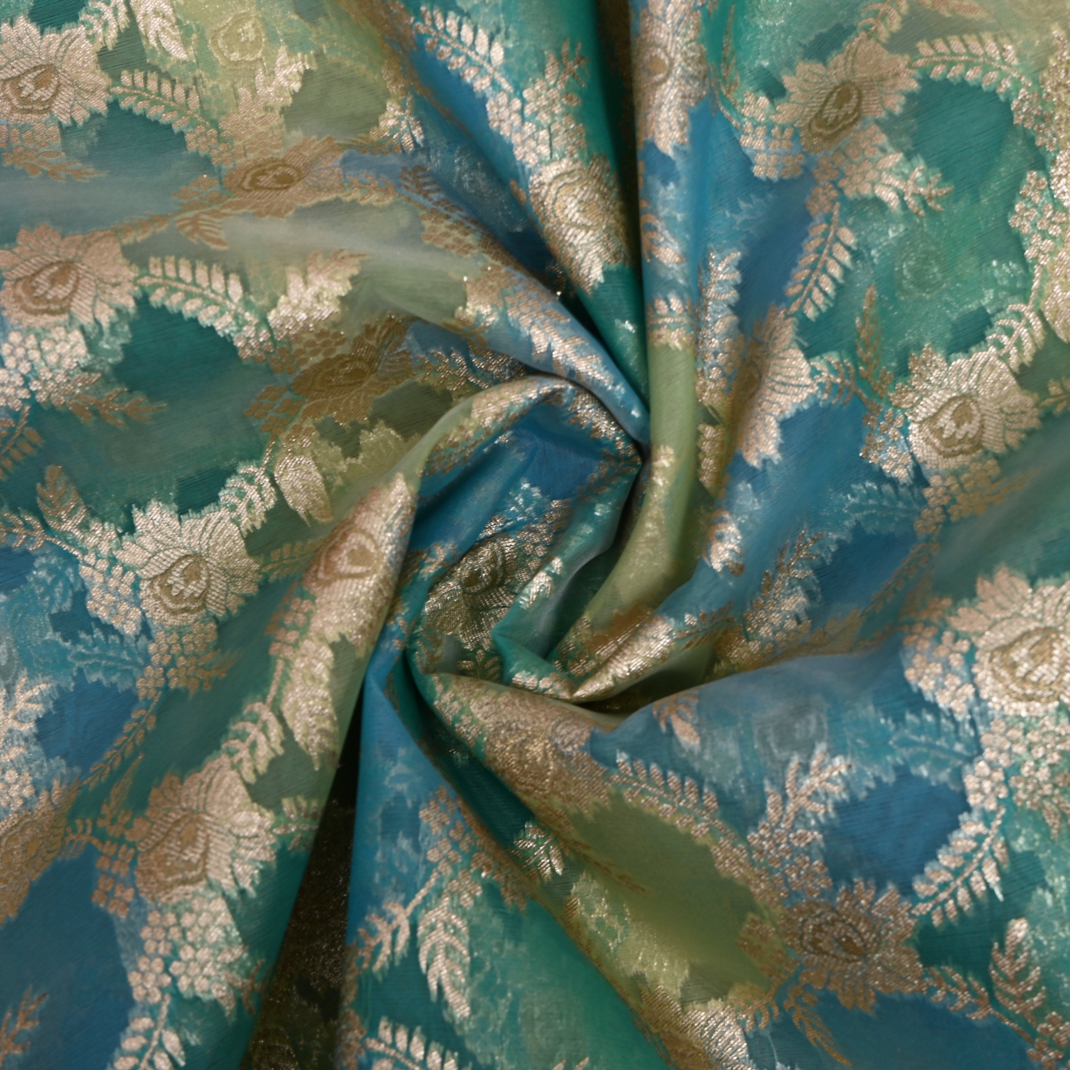 Teal Blue Green Checked Floret Jamawar Fabric