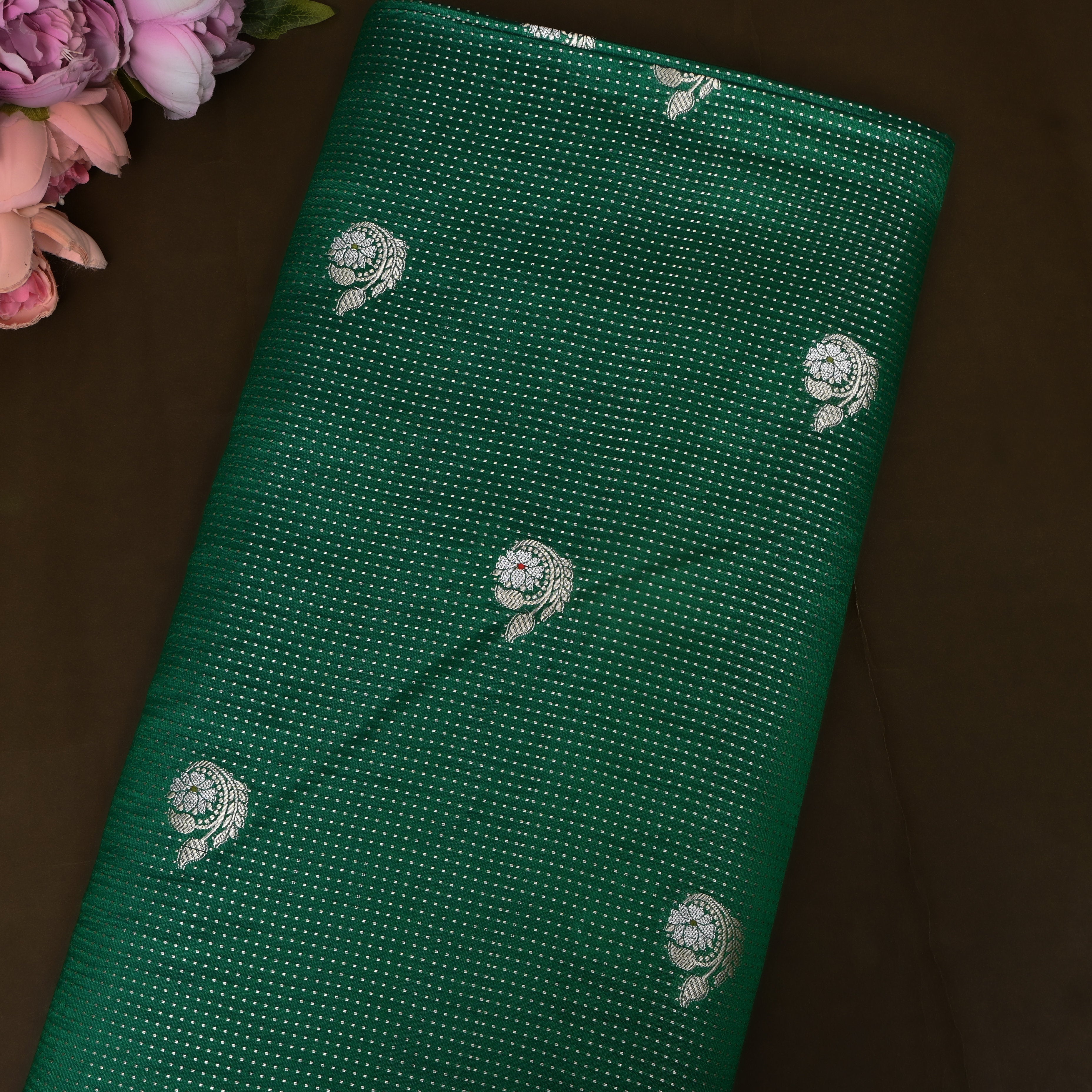 Bottle Green Jamawar With Woven Floral Butti And Ornate Border
