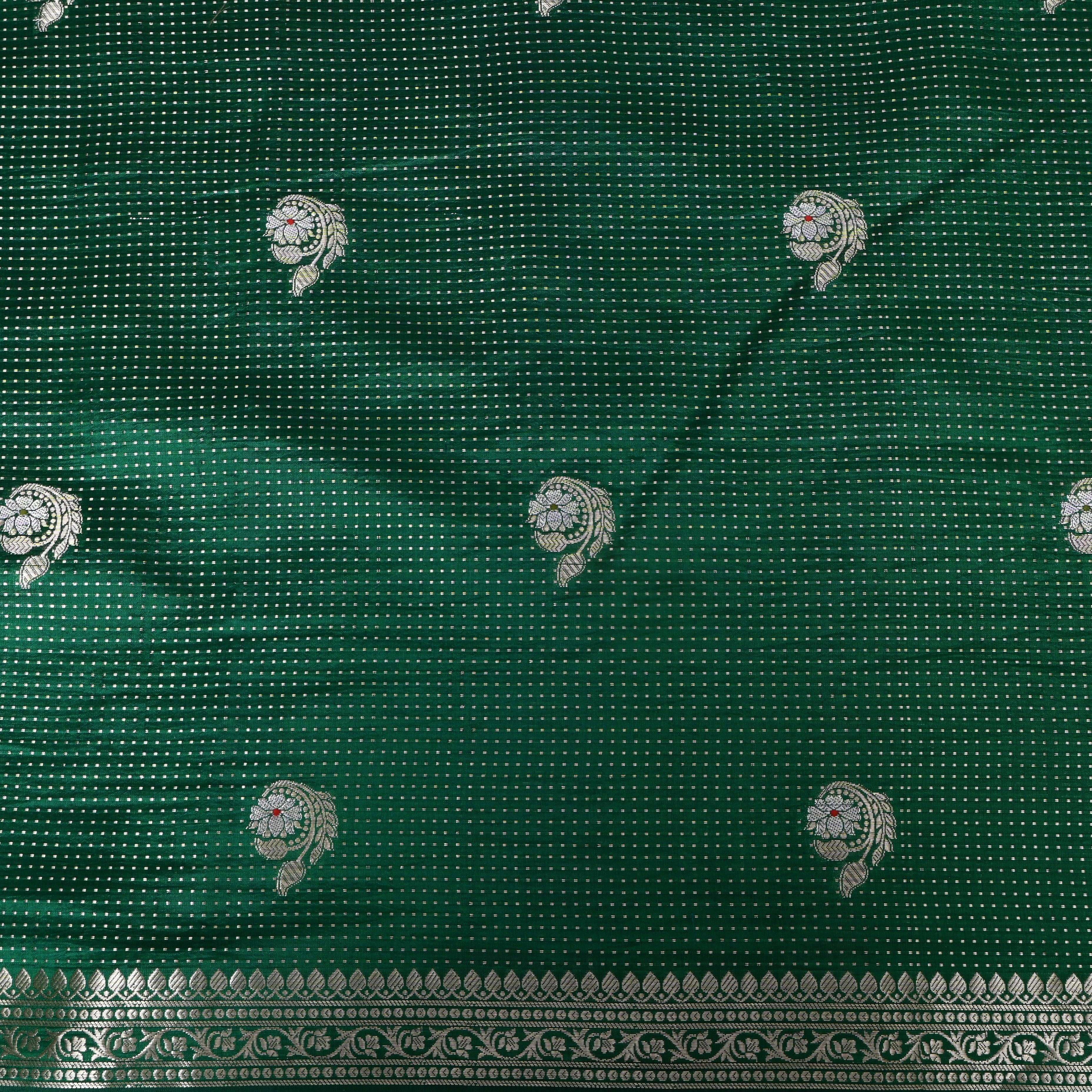 Bottle Green Jamawar With Woven Floral Butti And Ornate Border