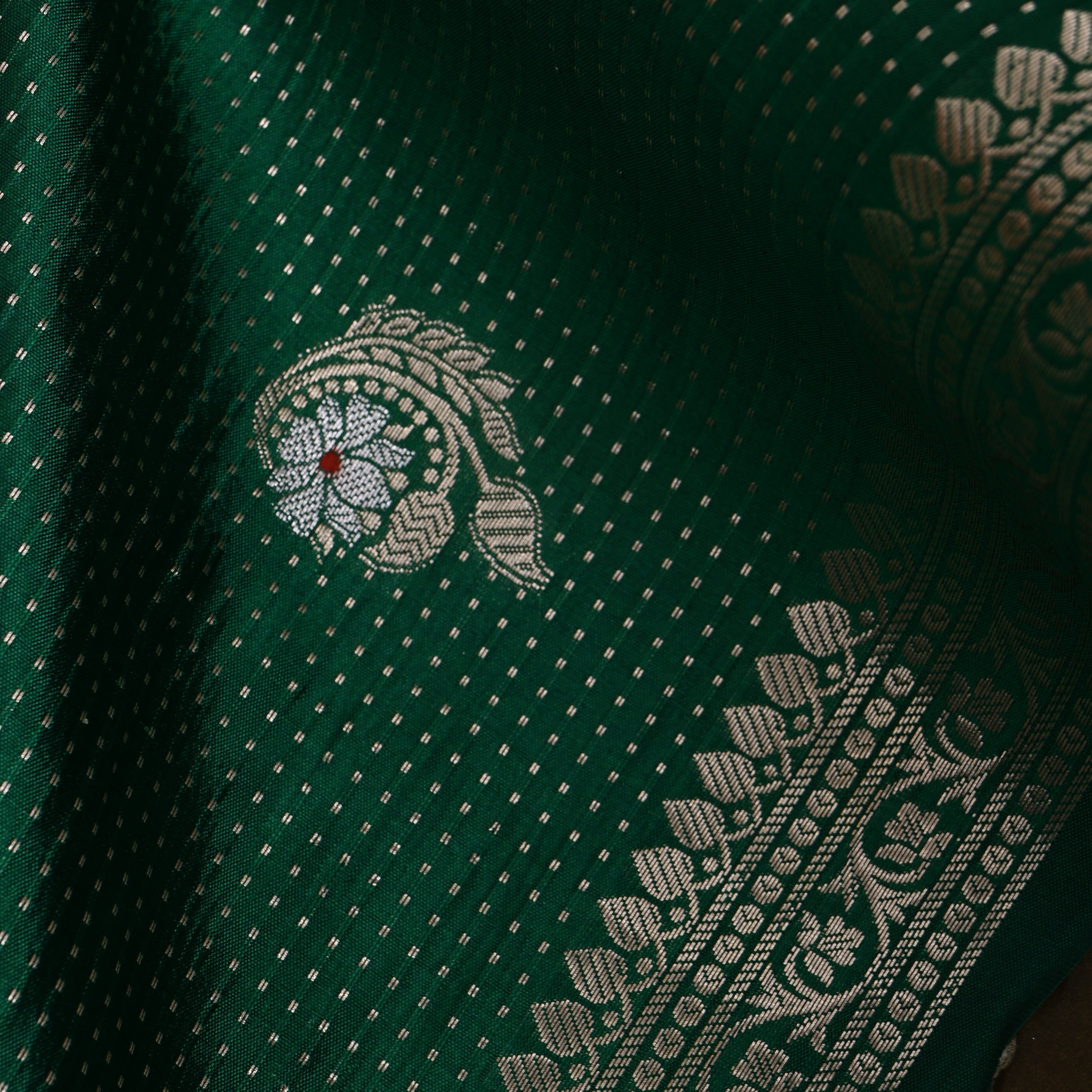 Bottle Green Jamawar With Woven Floral Butti And Ornate Border