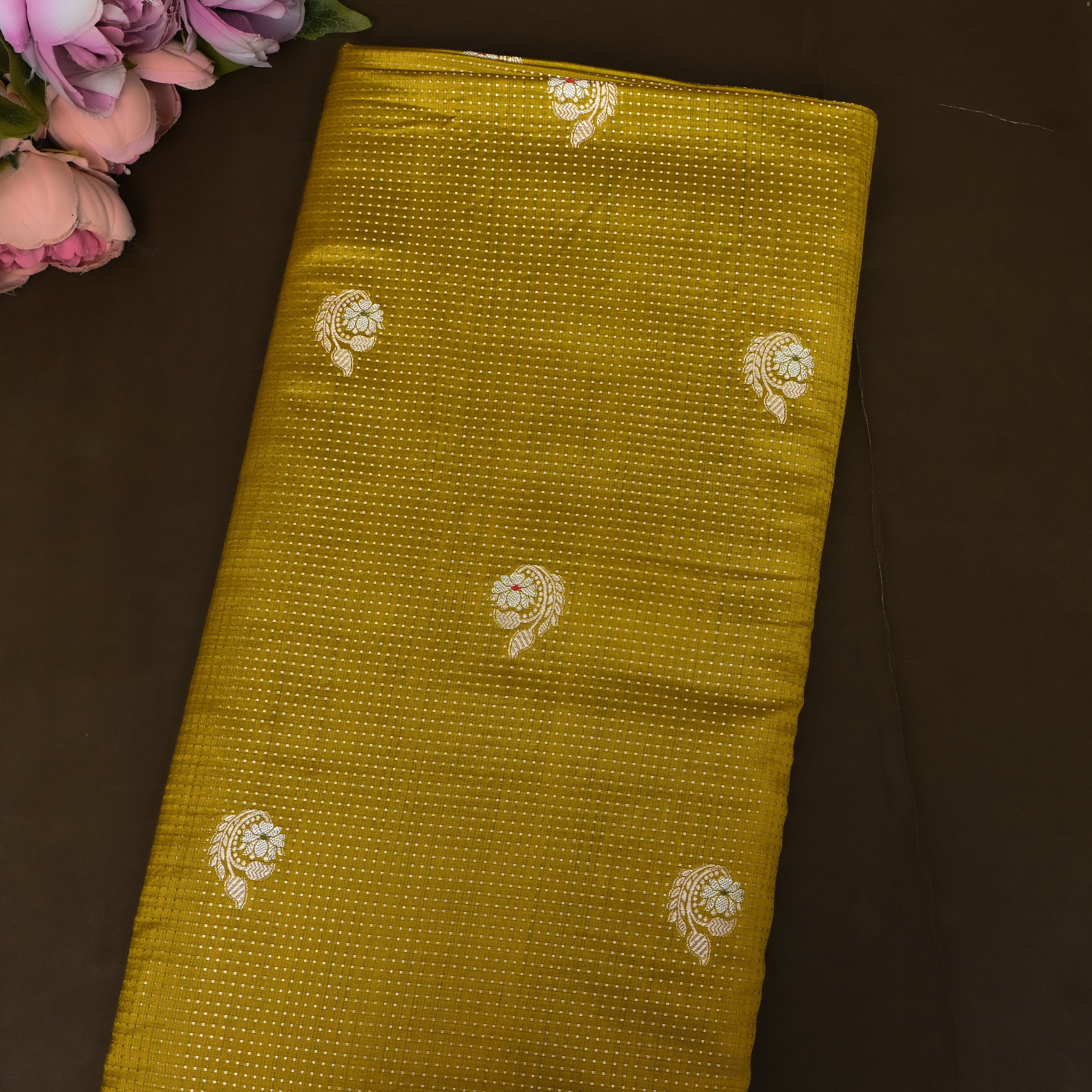 Olive Mustard Jamawar With Woven Floral Butti And Ornate Border