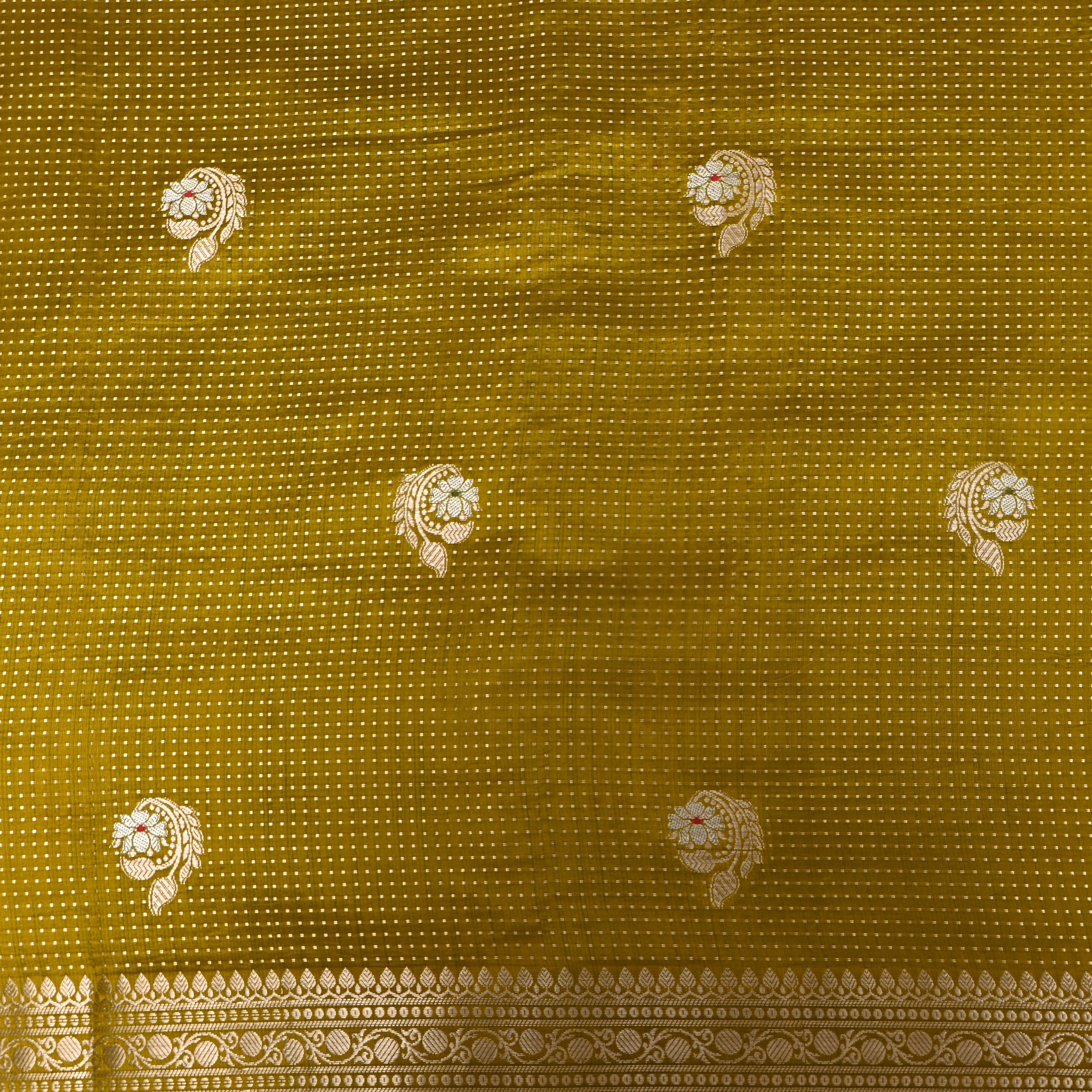 Olive Mustard Jamawar With Woven Floral Butti And Ornate Border