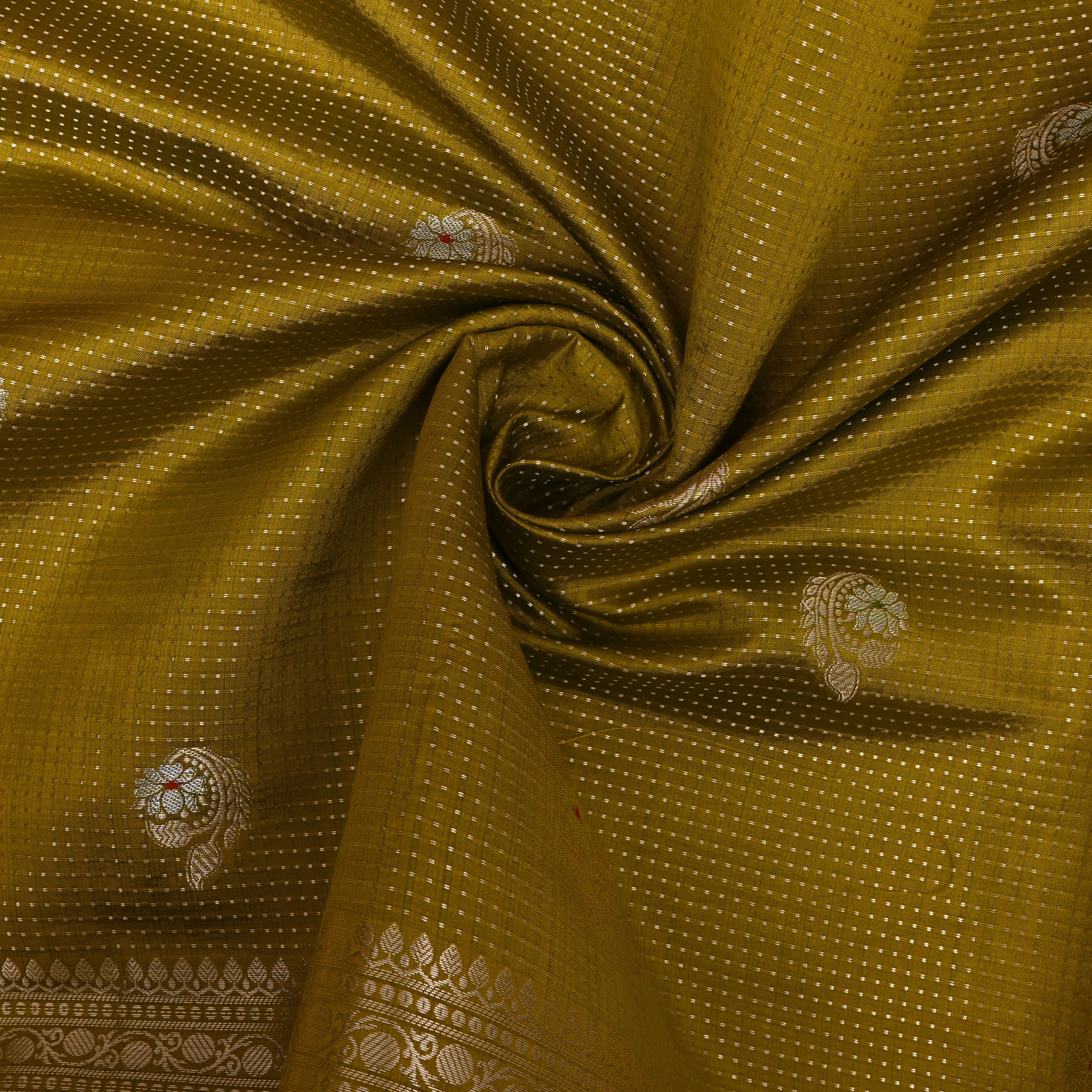 Olive Mustard Jamawar With Woven Floral Butti And Ornate Border