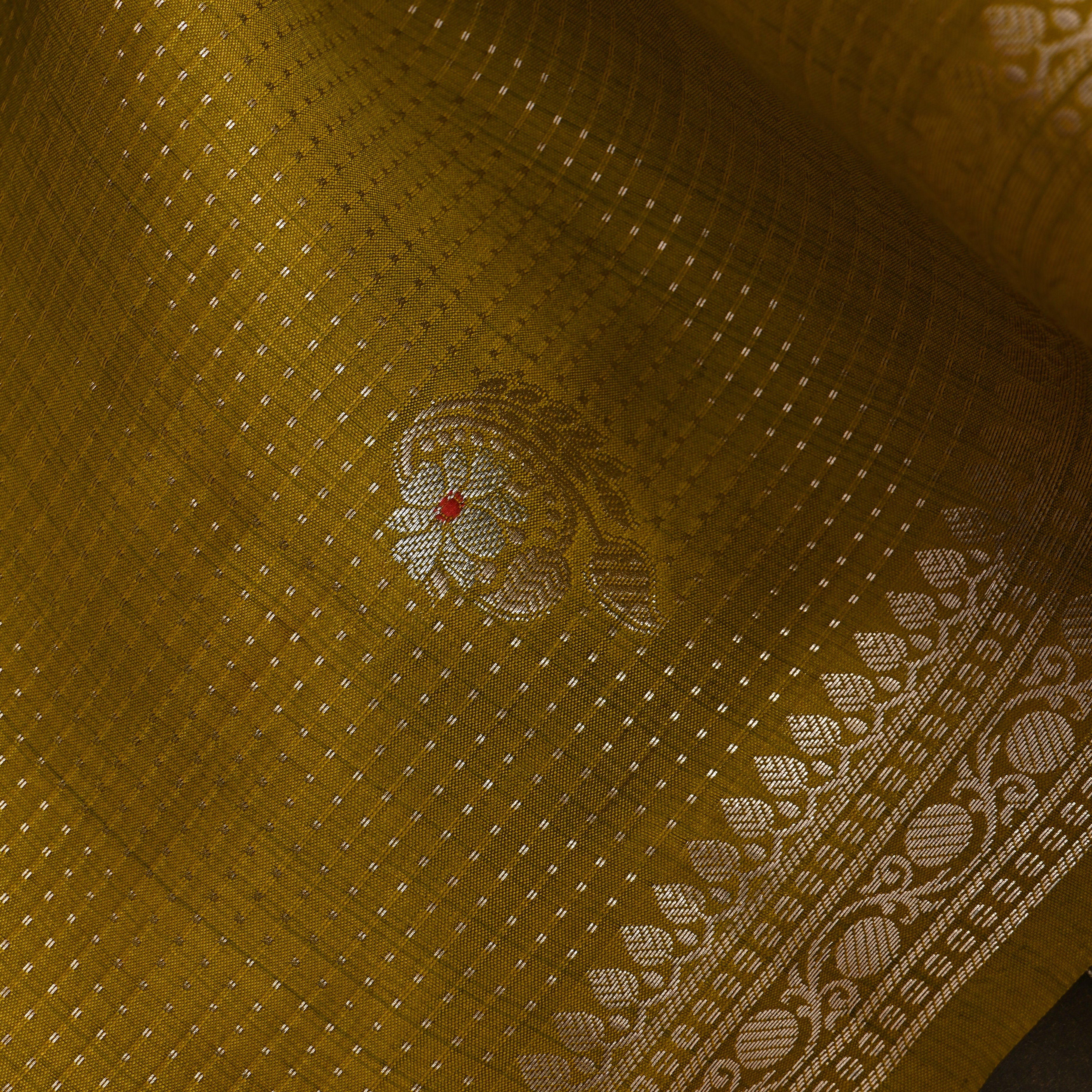 Olive Mustard Jamawar With Woven Floral Butti And Ornate Border