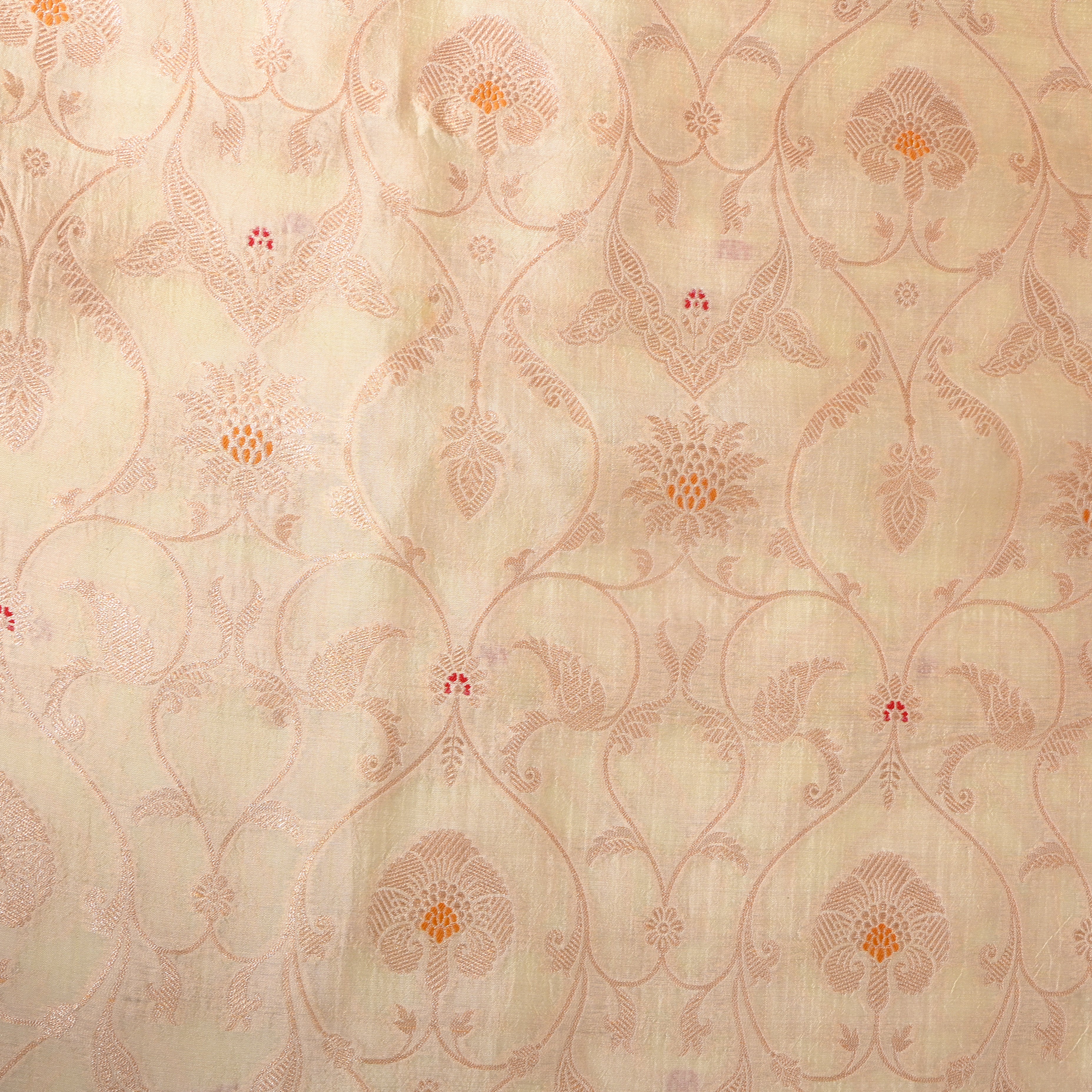 Ivory Cream Jamawar Silk With Woven Floral Vine And Accents