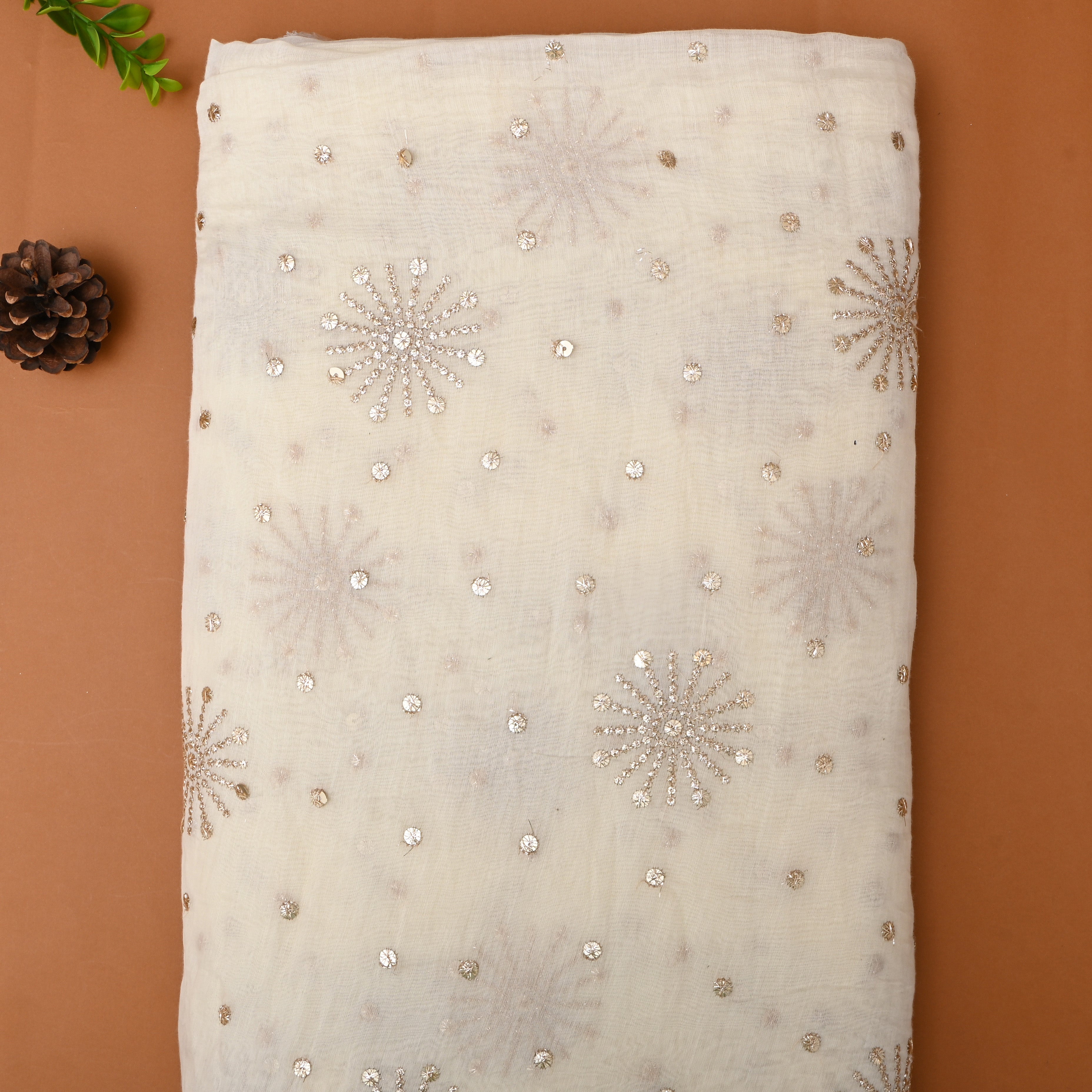 Off-White Floral Embroidered Chanderi Fabric