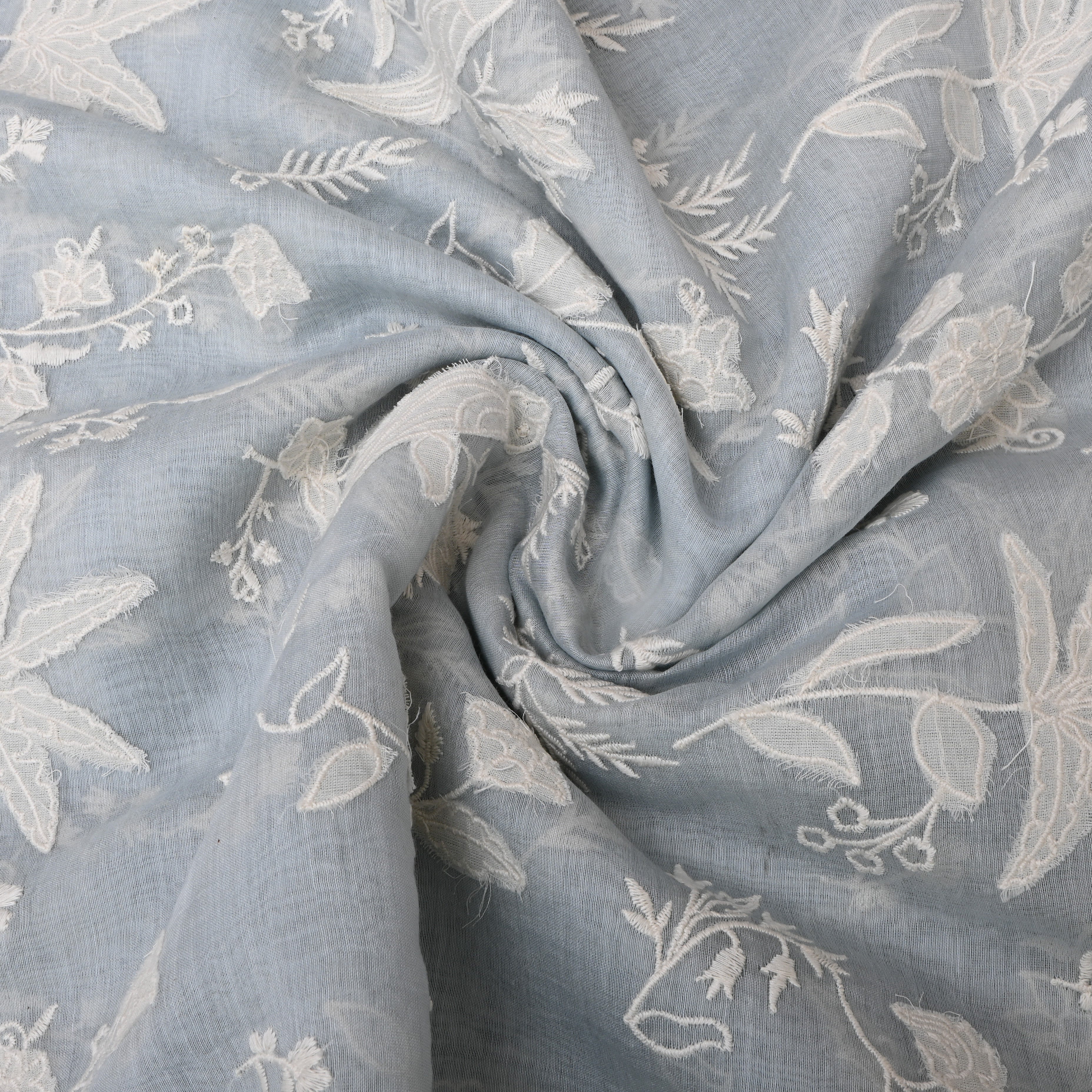 Pastel Blue Floral Embroidered Chanderi Fabric