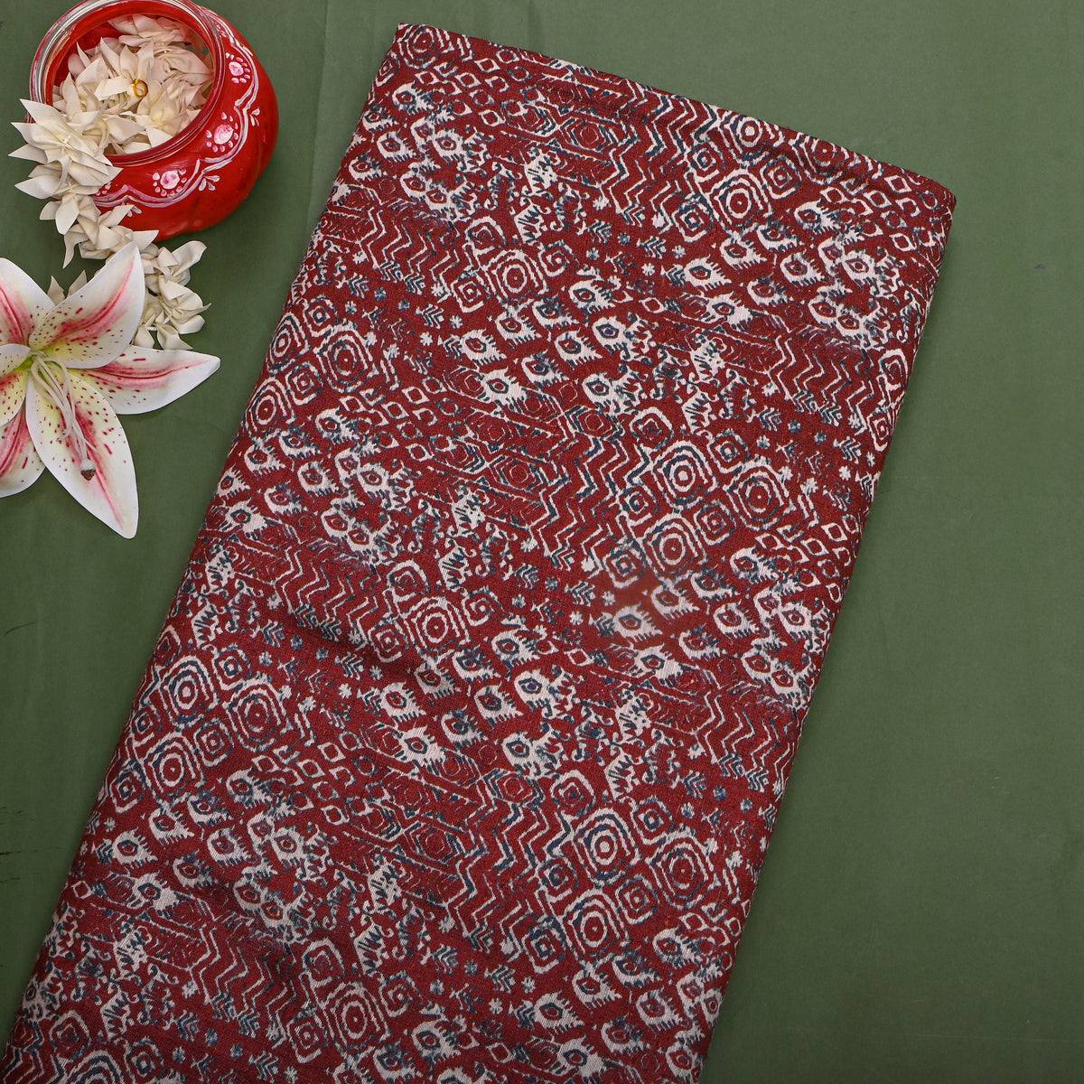 Brick Red Tribal Print Matka Silk Fabric