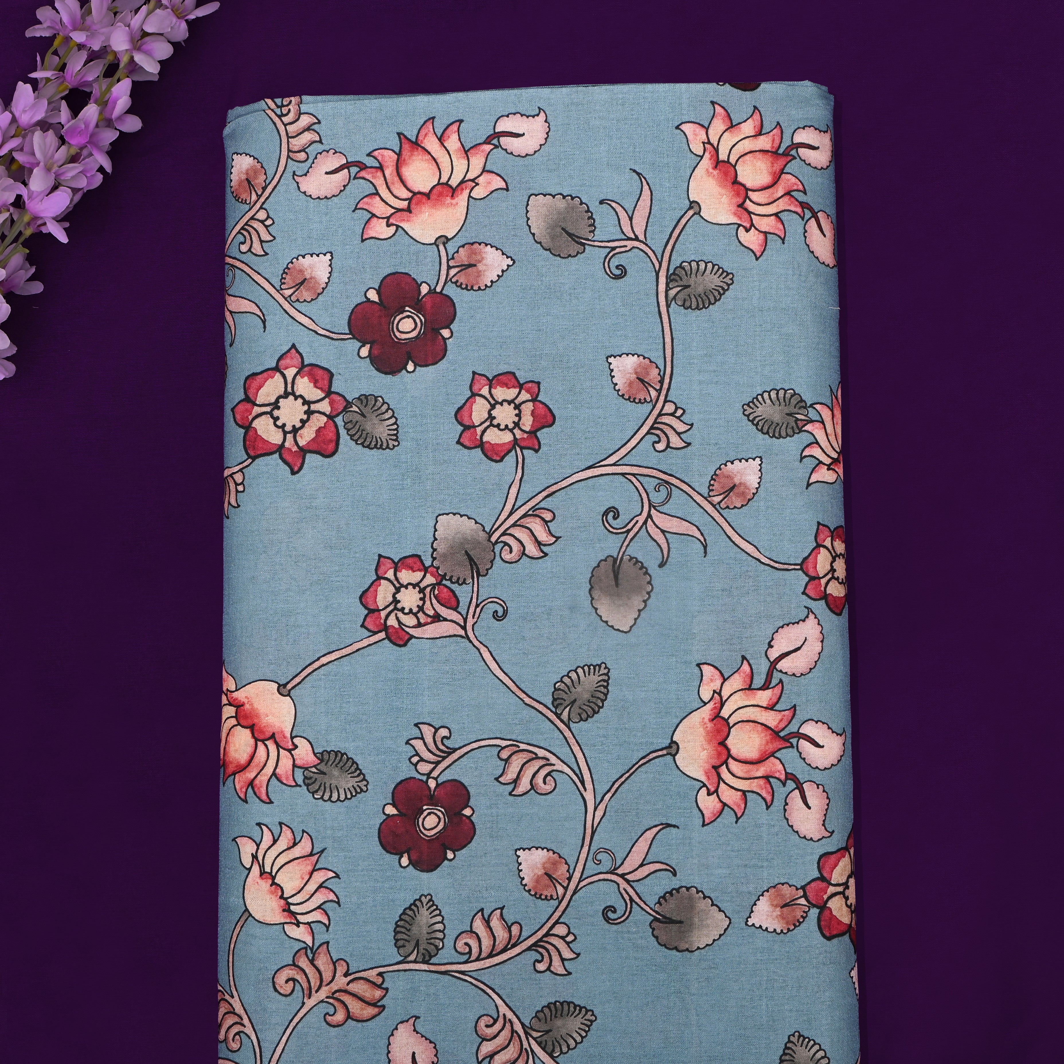 Soft Cyan Tussar Fabric With Digital Print