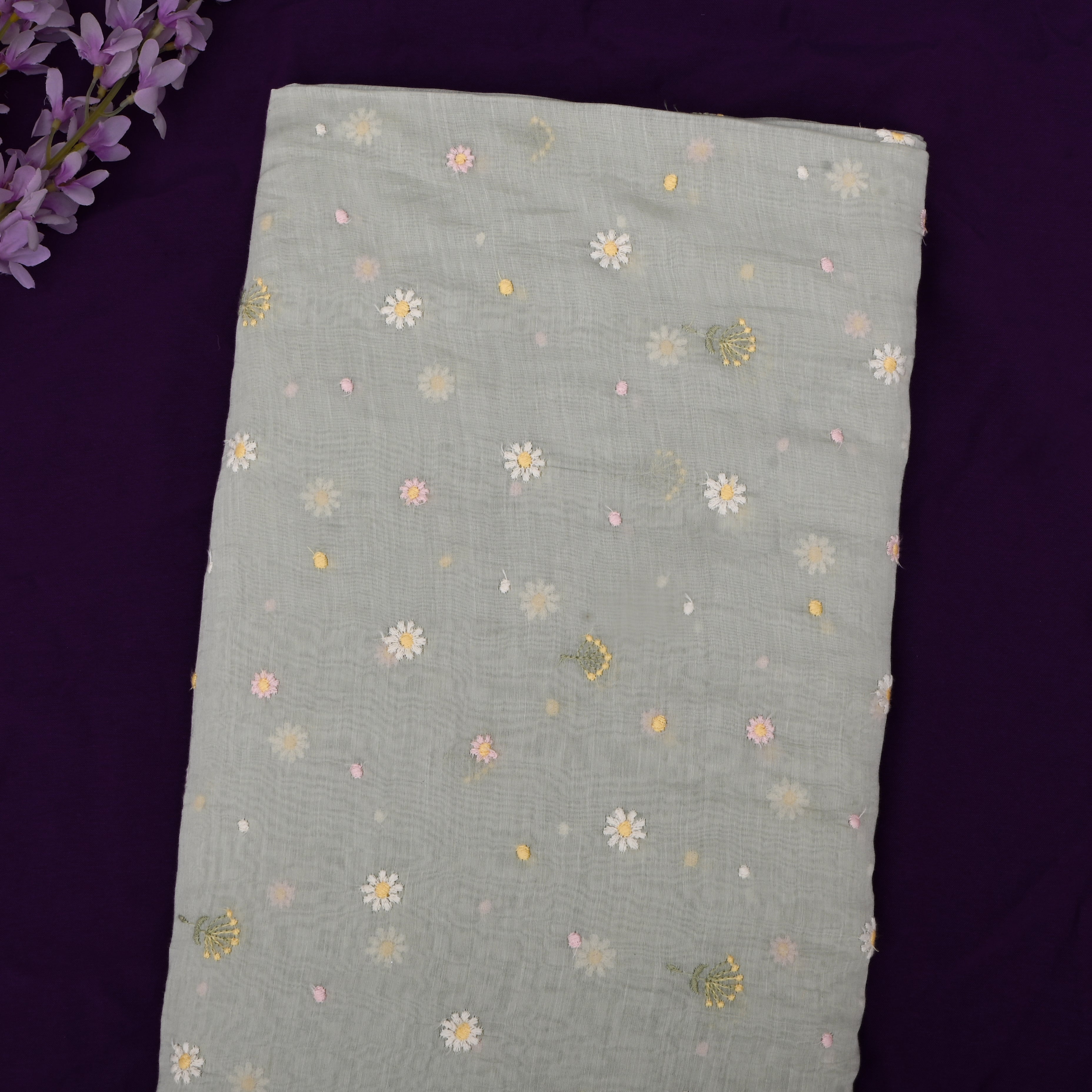 Grey Chanderi Fabric With Embroidery Butti'S