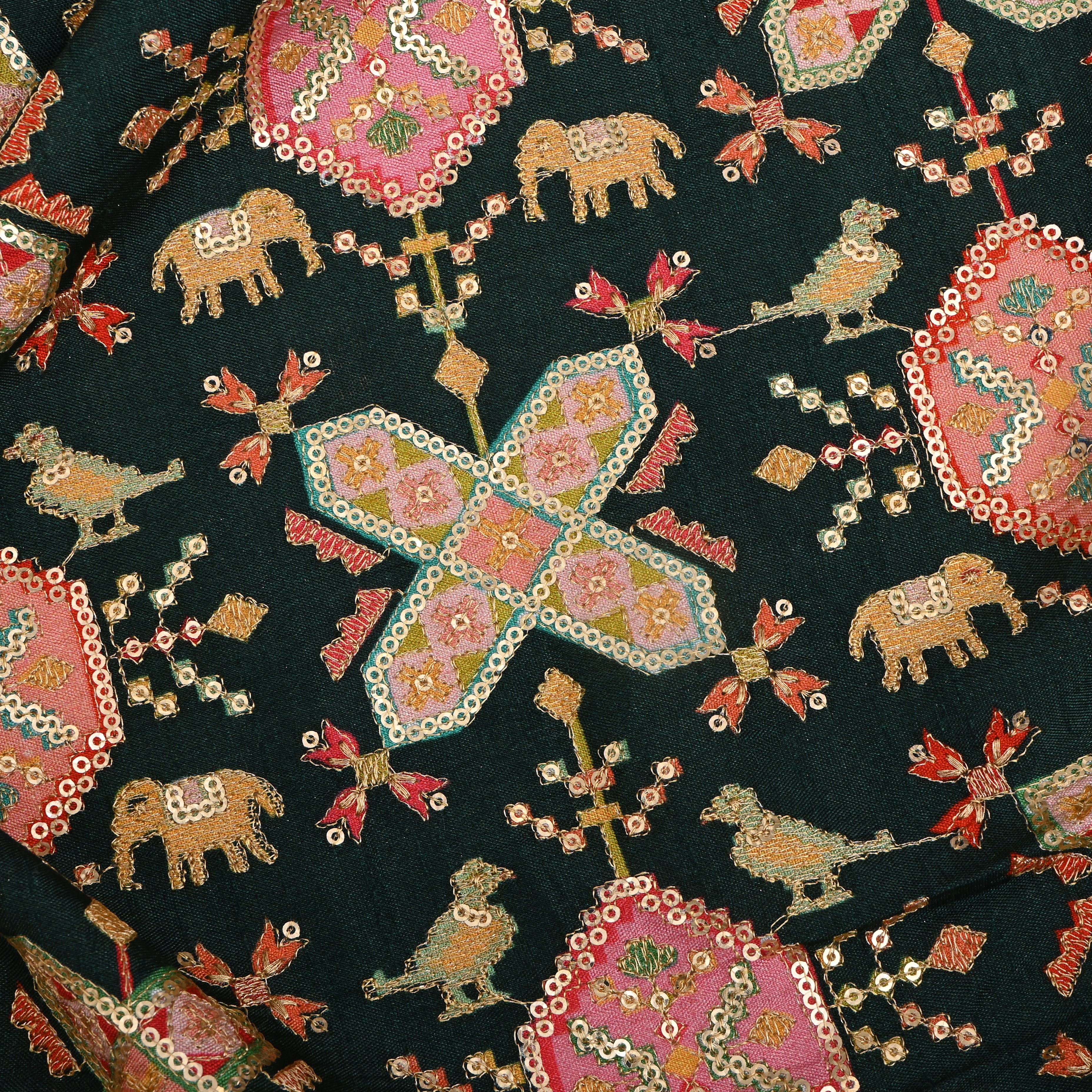 Dark Green Silk Fabric With Printed Embroidery