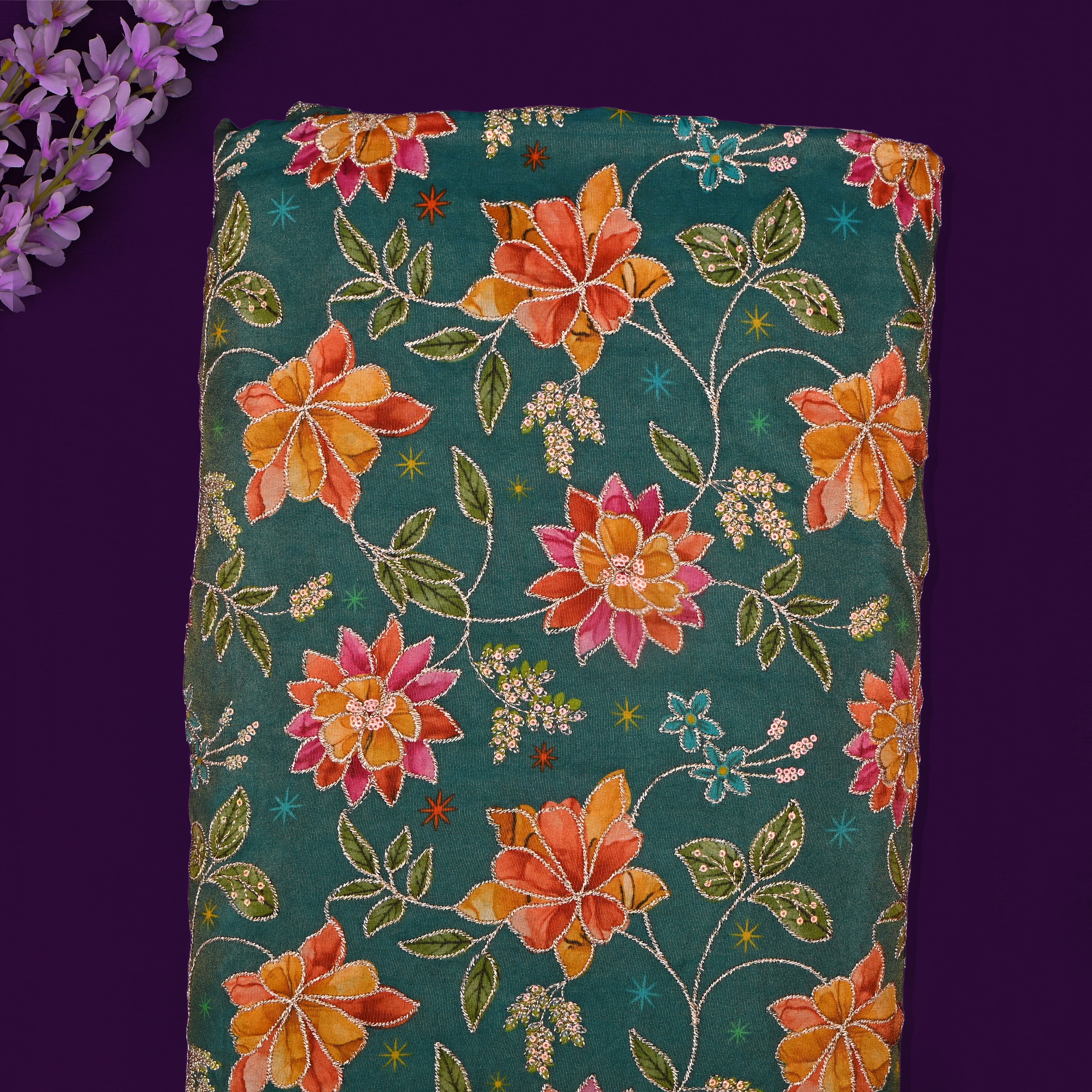 Emerald Green Tissue Fabric With Printed Embroidery