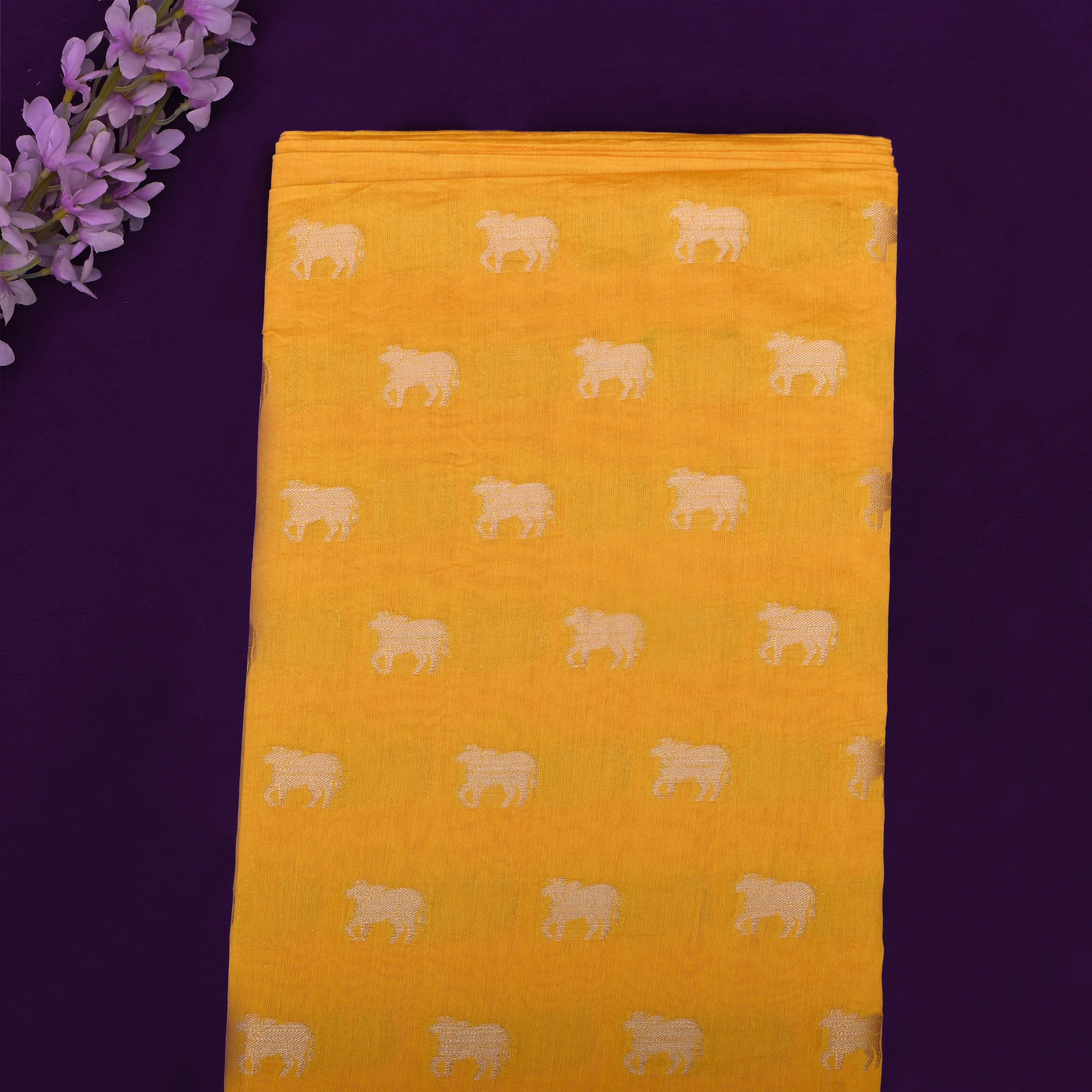 Chinese Yellow With Kamdhenu Motifs On Silk Fabric