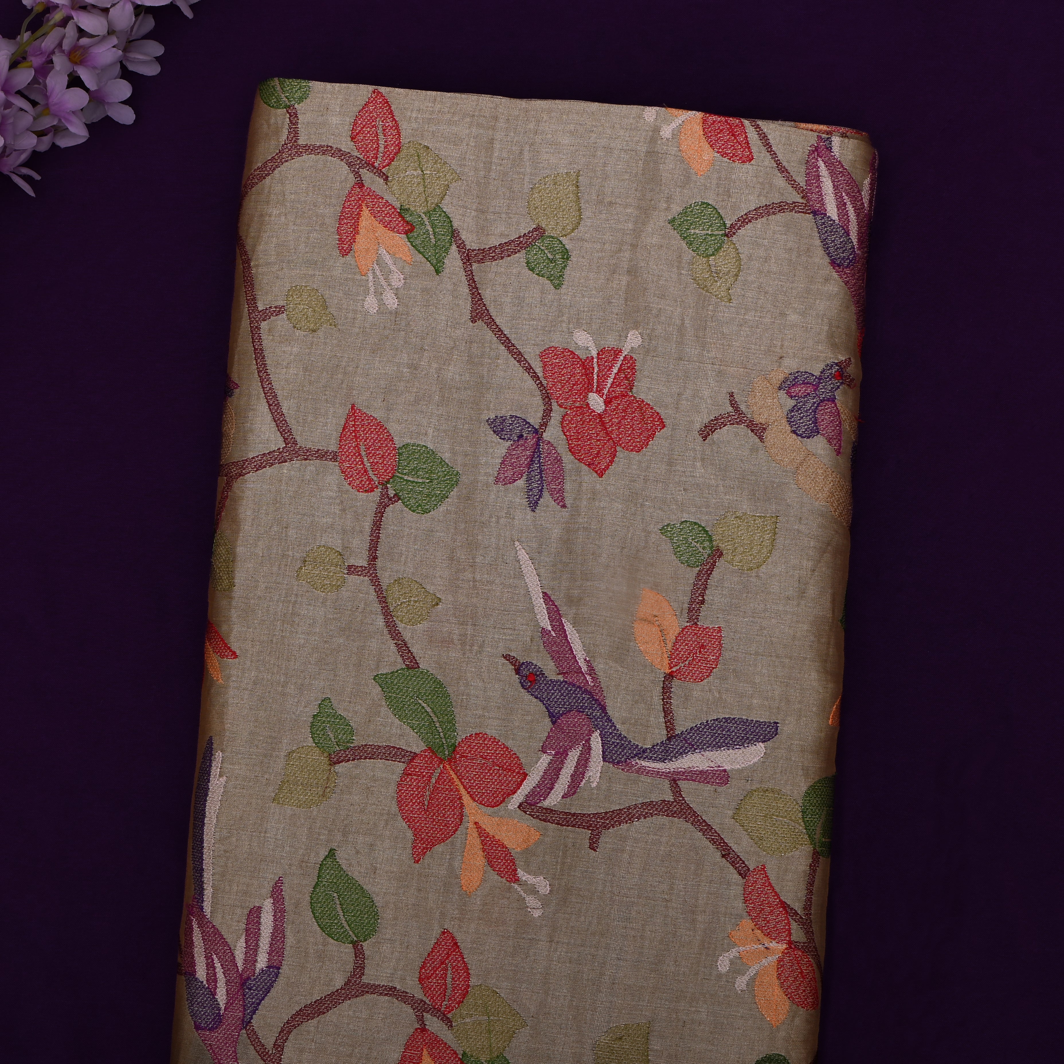 Stone Gray Tissue Fabric With Embroidery