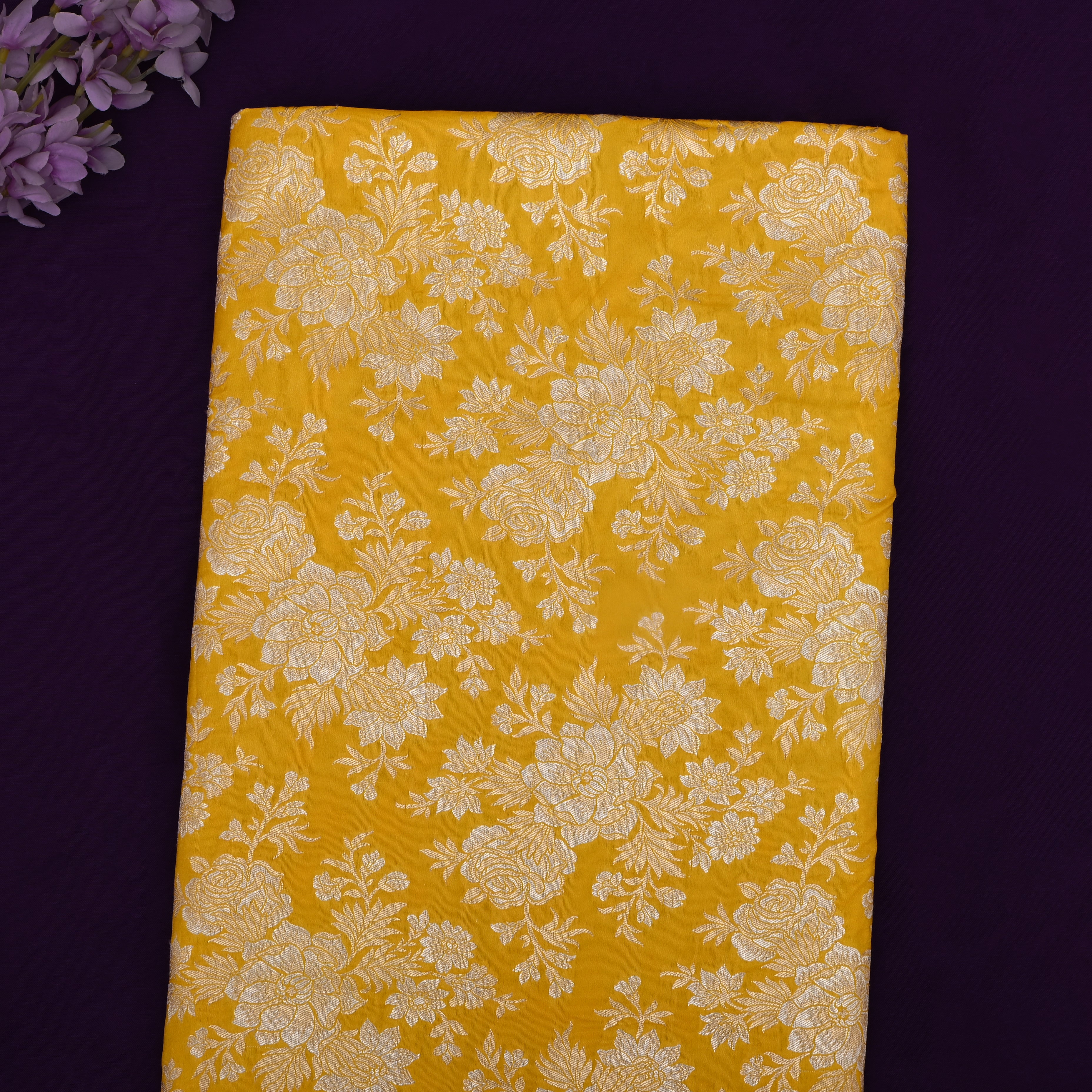 Gold Yellow Banarasi Fabric With Antique Gold Floral Pattern