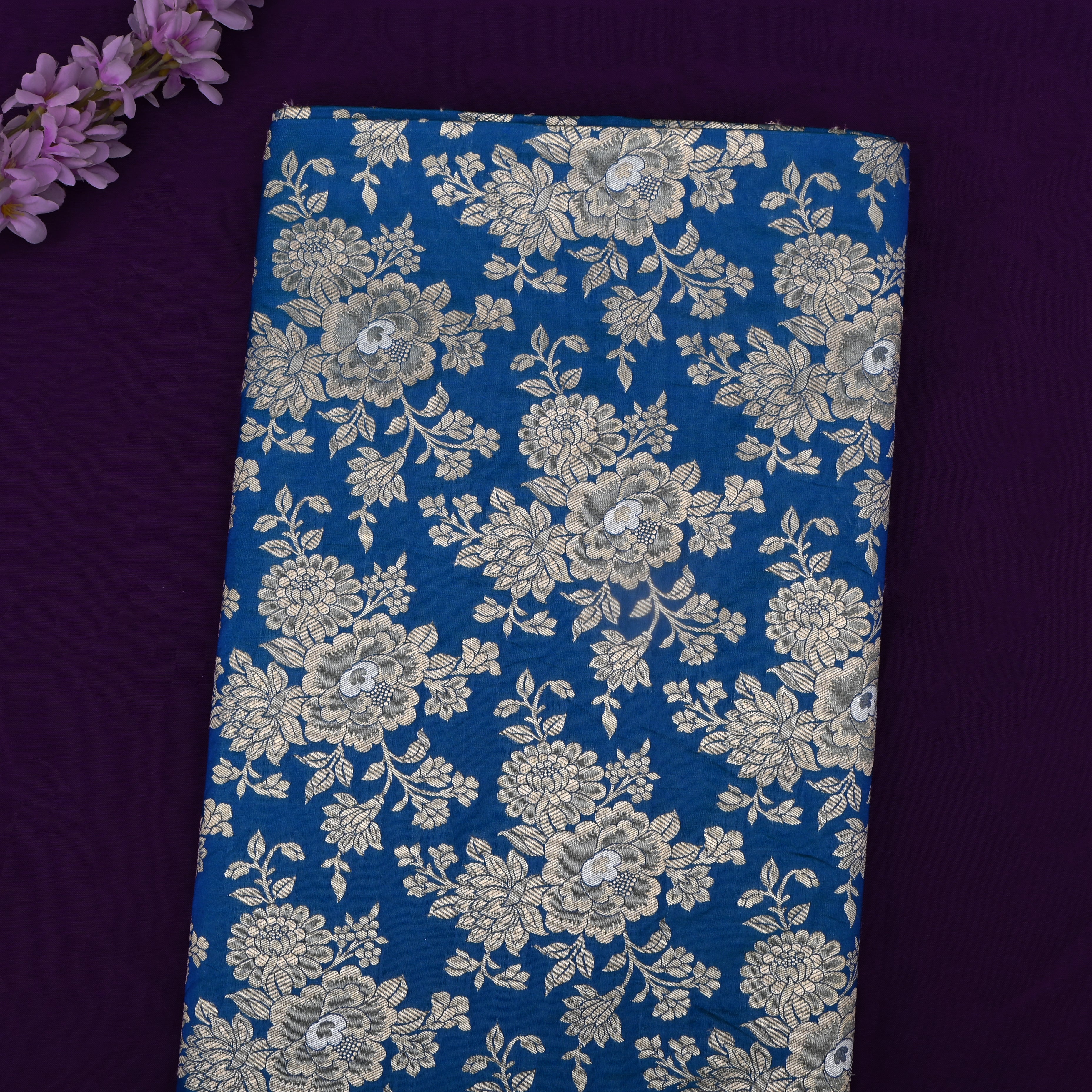 Bright Blue Jamawar Silk Fabric With Floral Jaal