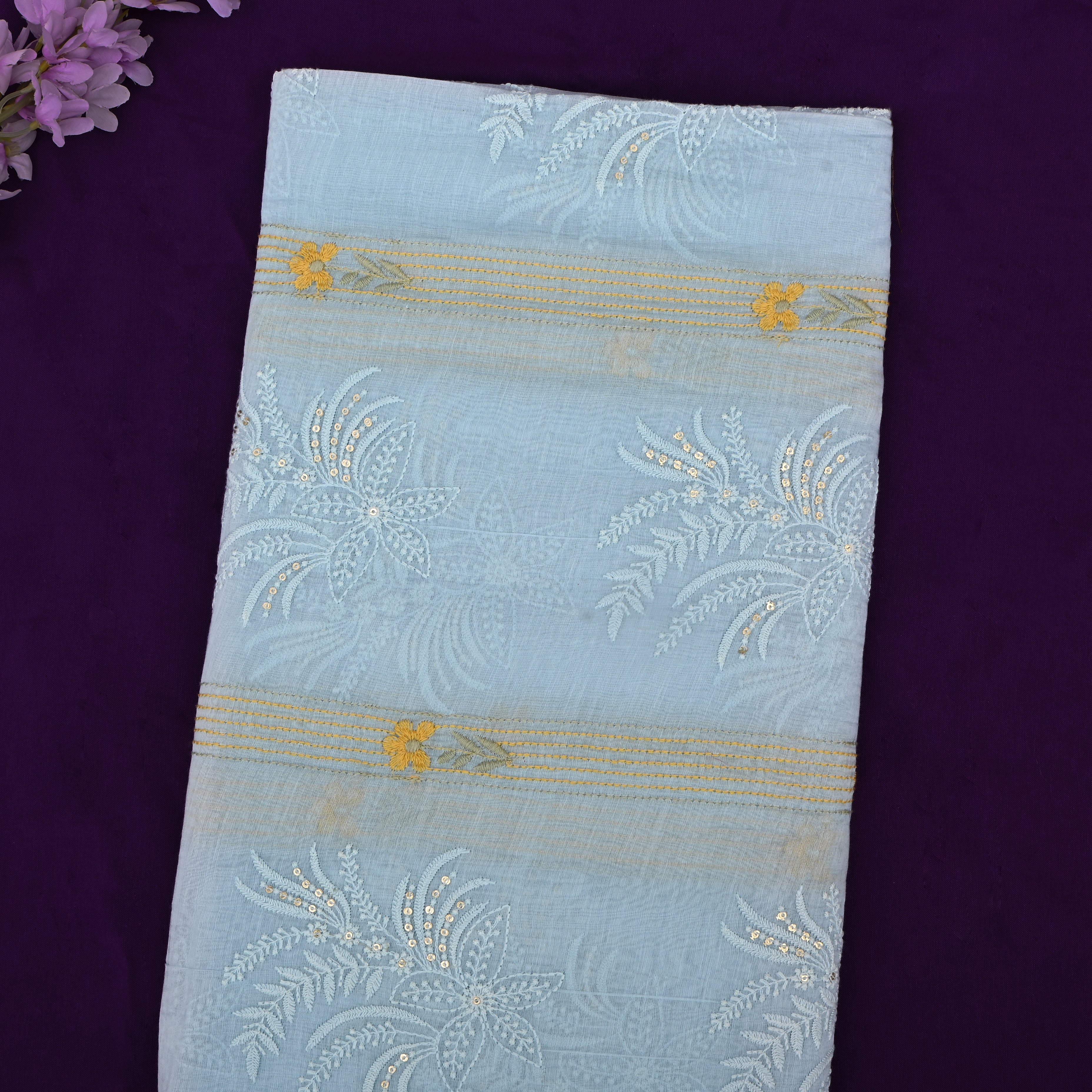 Light Greyish Blue Chanderi Fabric With Embroidery