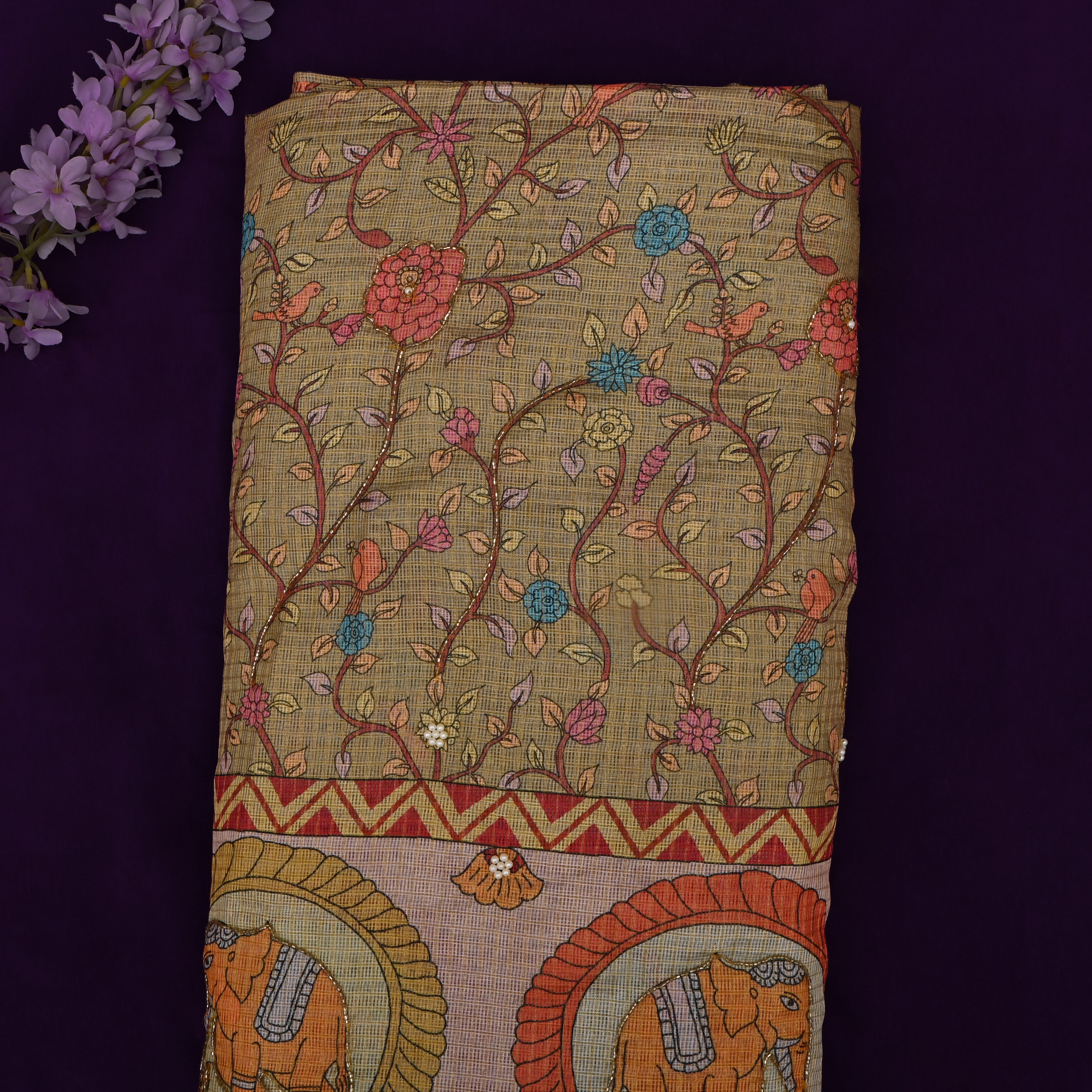 Beige Kota Fabric With Printed Embroidery