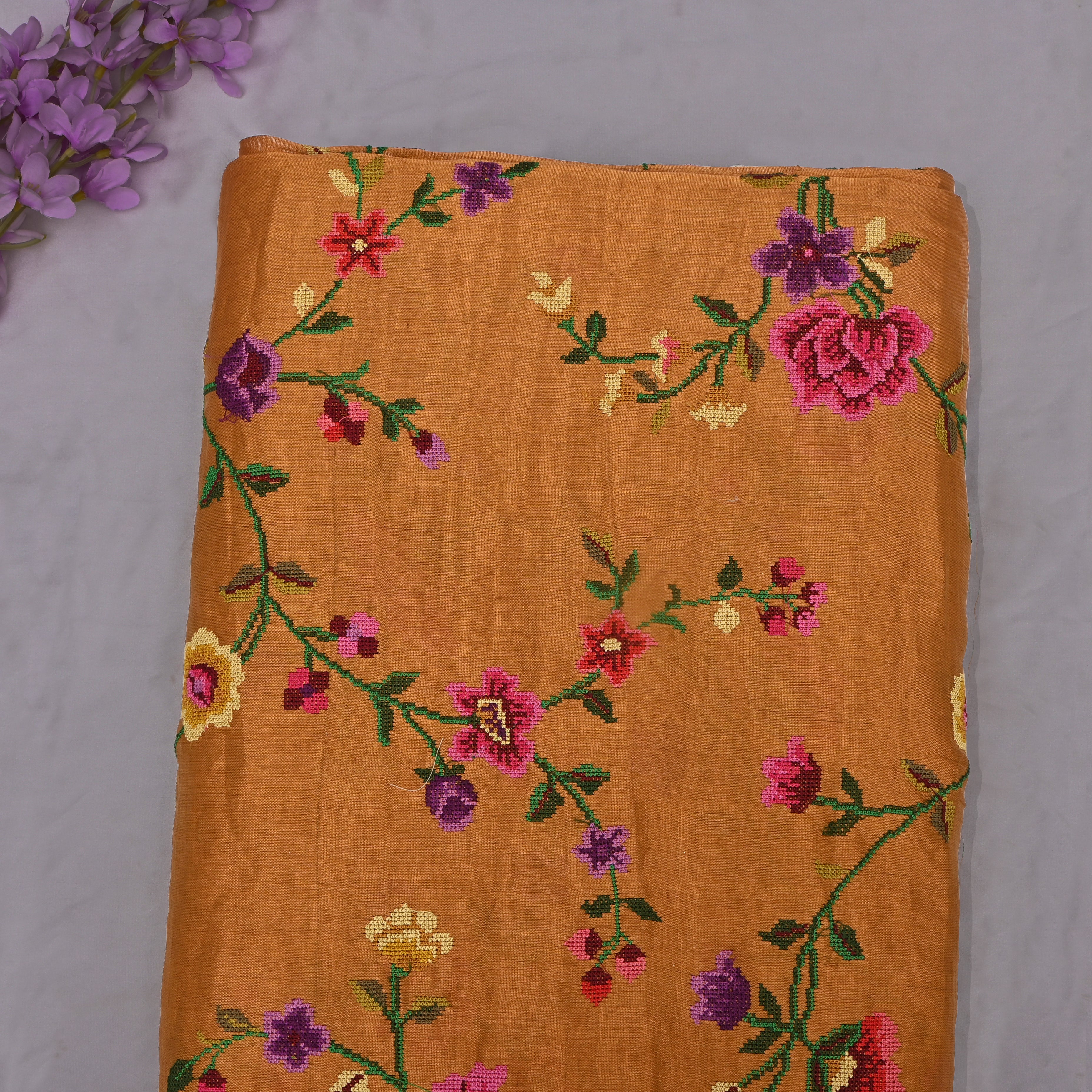 Gold Tissue Fabric With Petit Point Embroidery