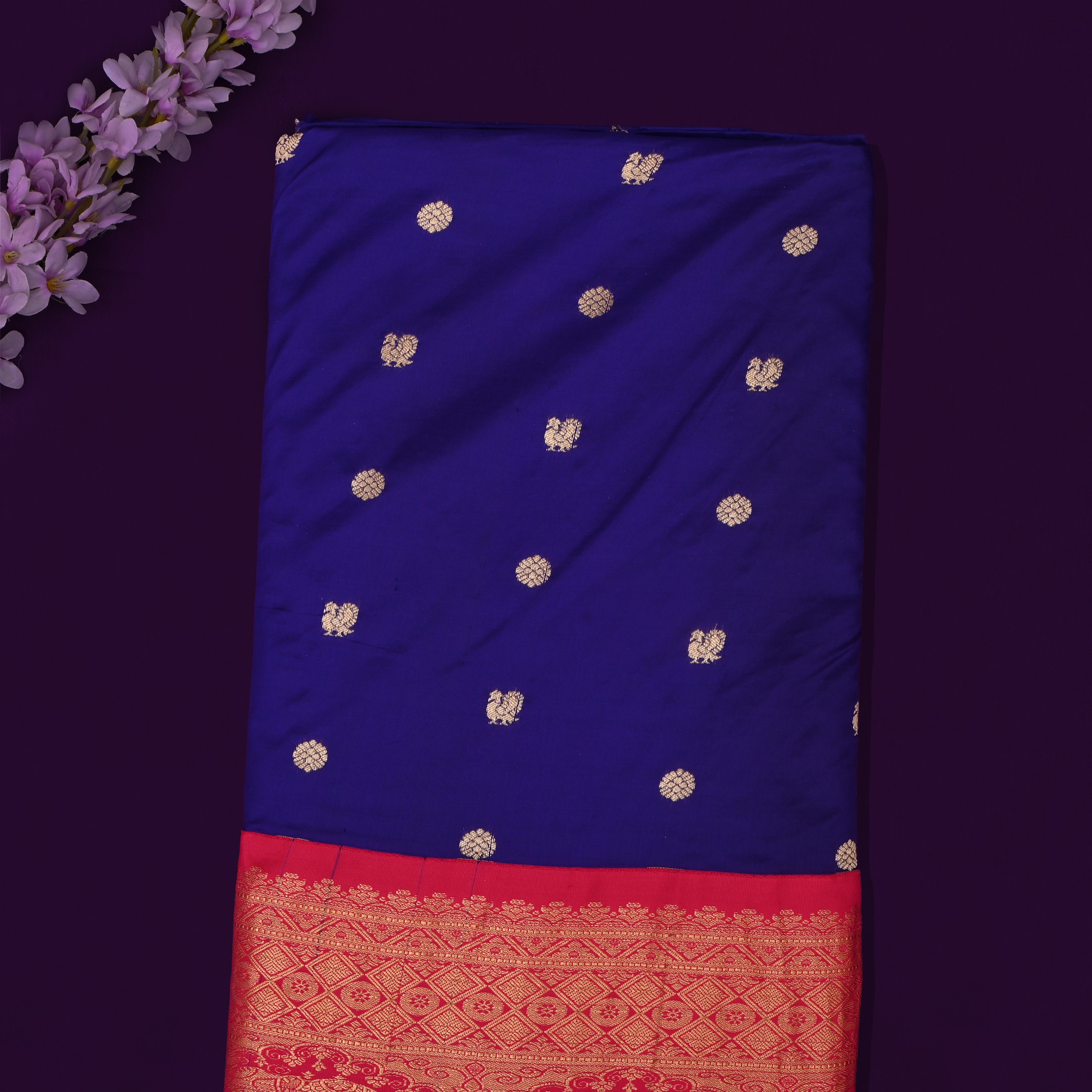 Dark Indigo Jamawar Silk Fabric With Motifs