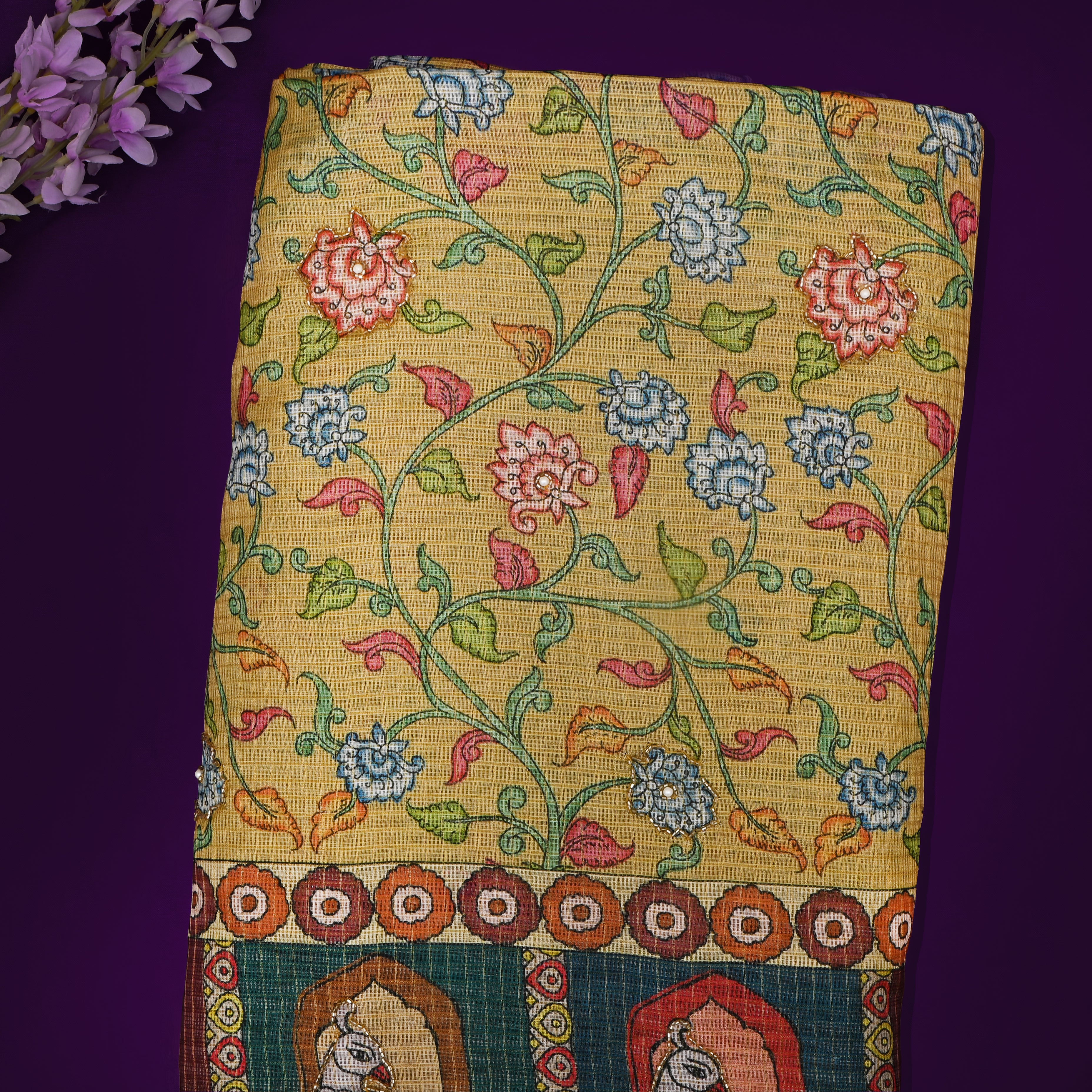 Arylide Yellow Kili Border And Floral Embroidered Kota Fabric