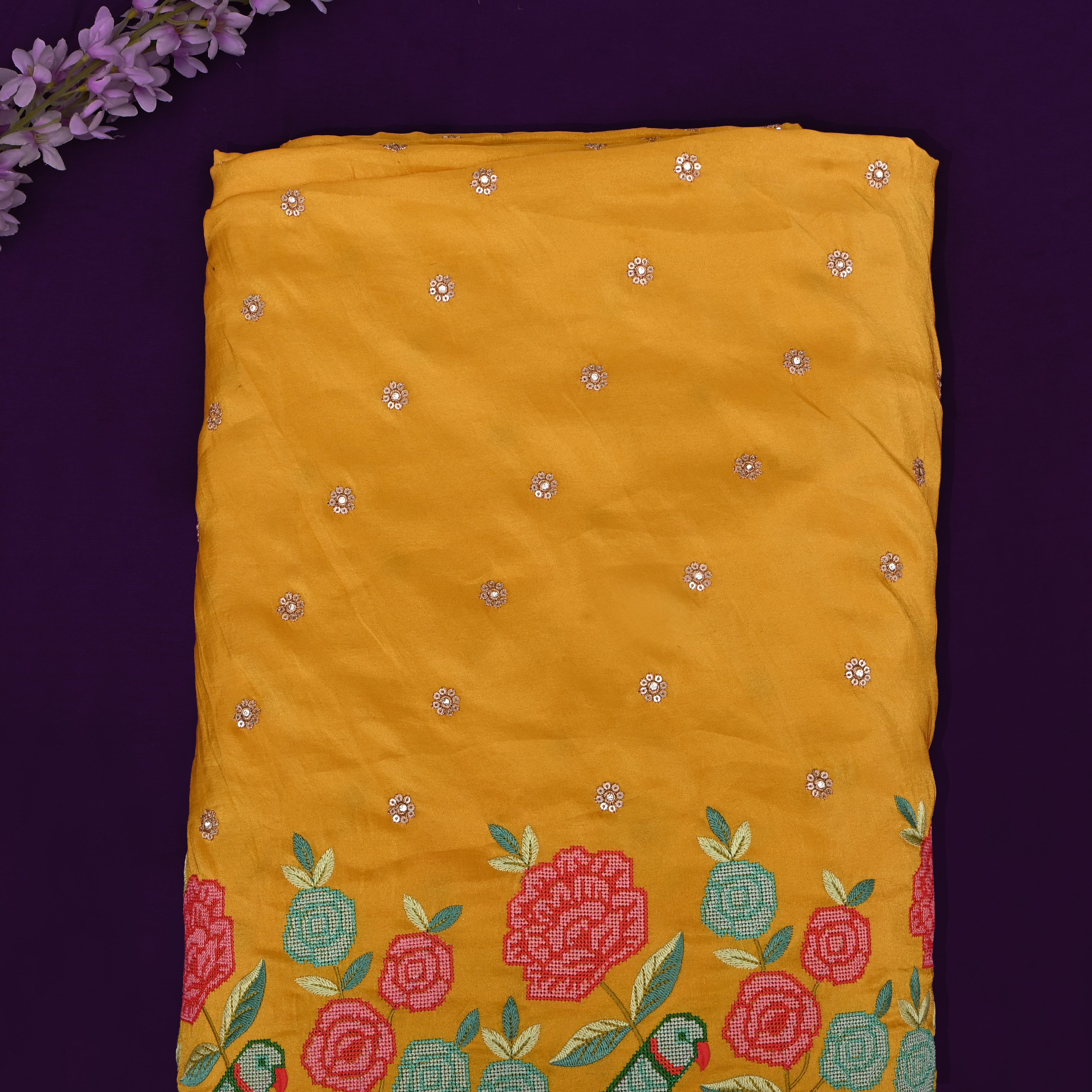 Mustard Yellow Tissue With Petit Point Embroidery