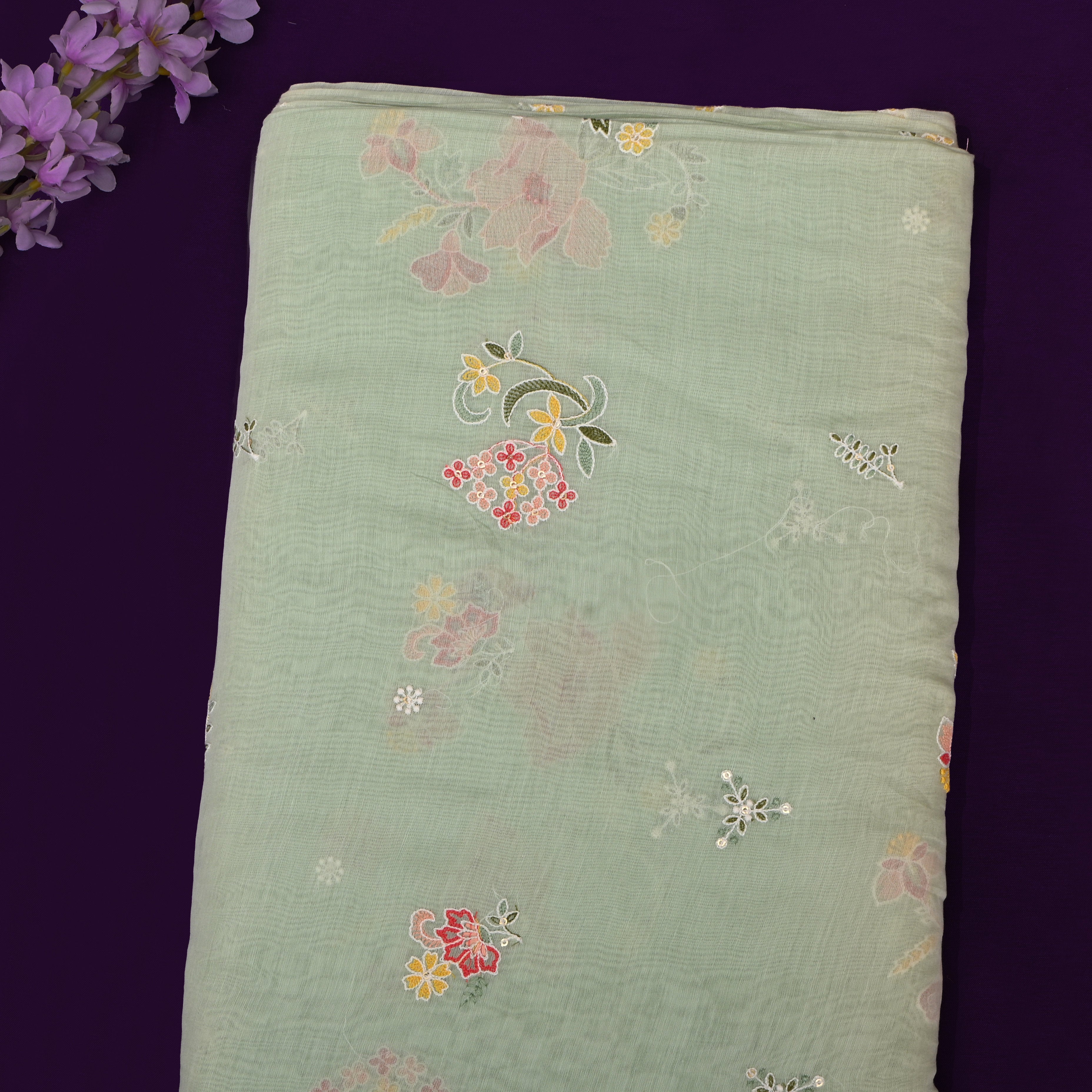 Dark Sea Green Chanderi Fabric With Embroidery