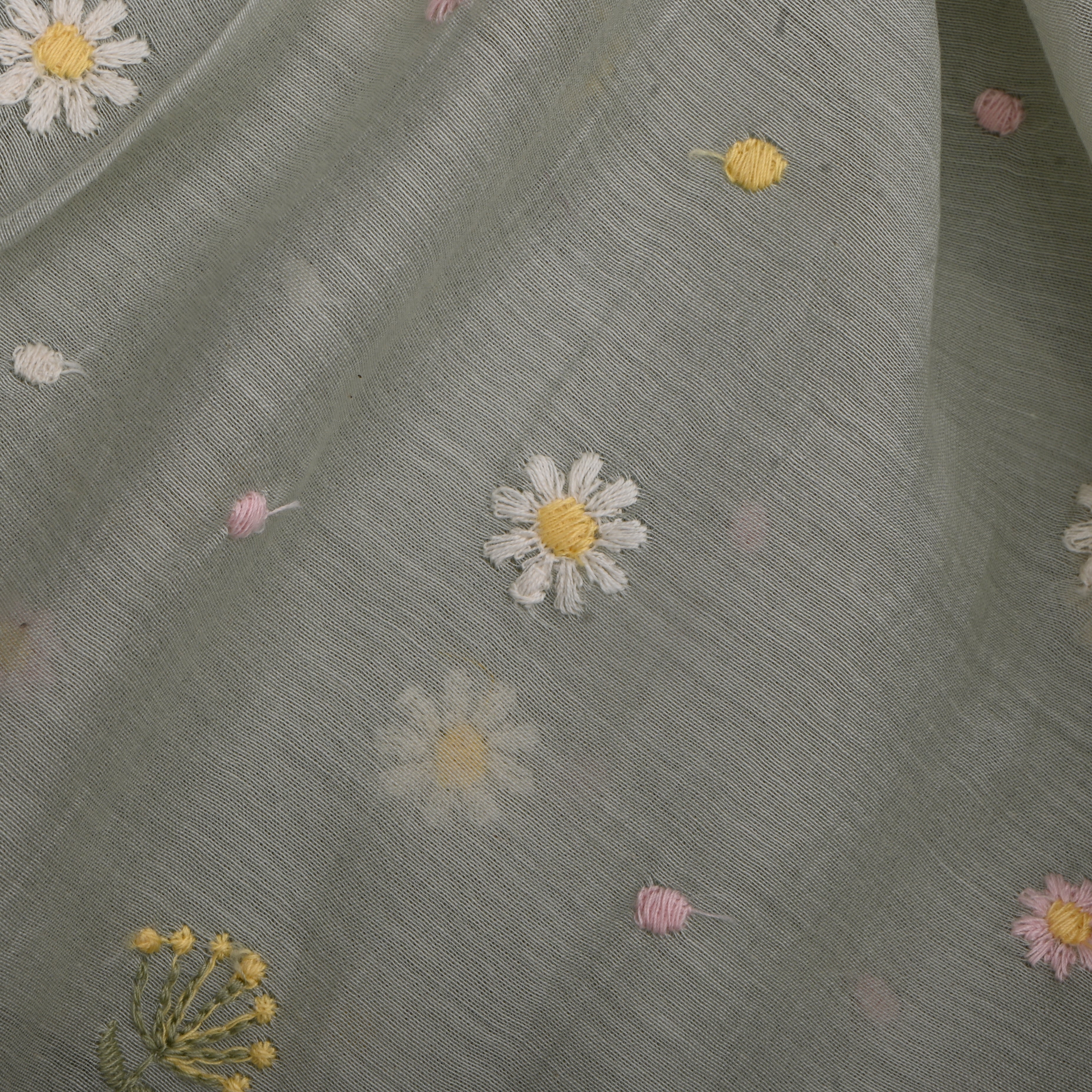 Grey Chanderi Fabric With Embroidery Butti'S