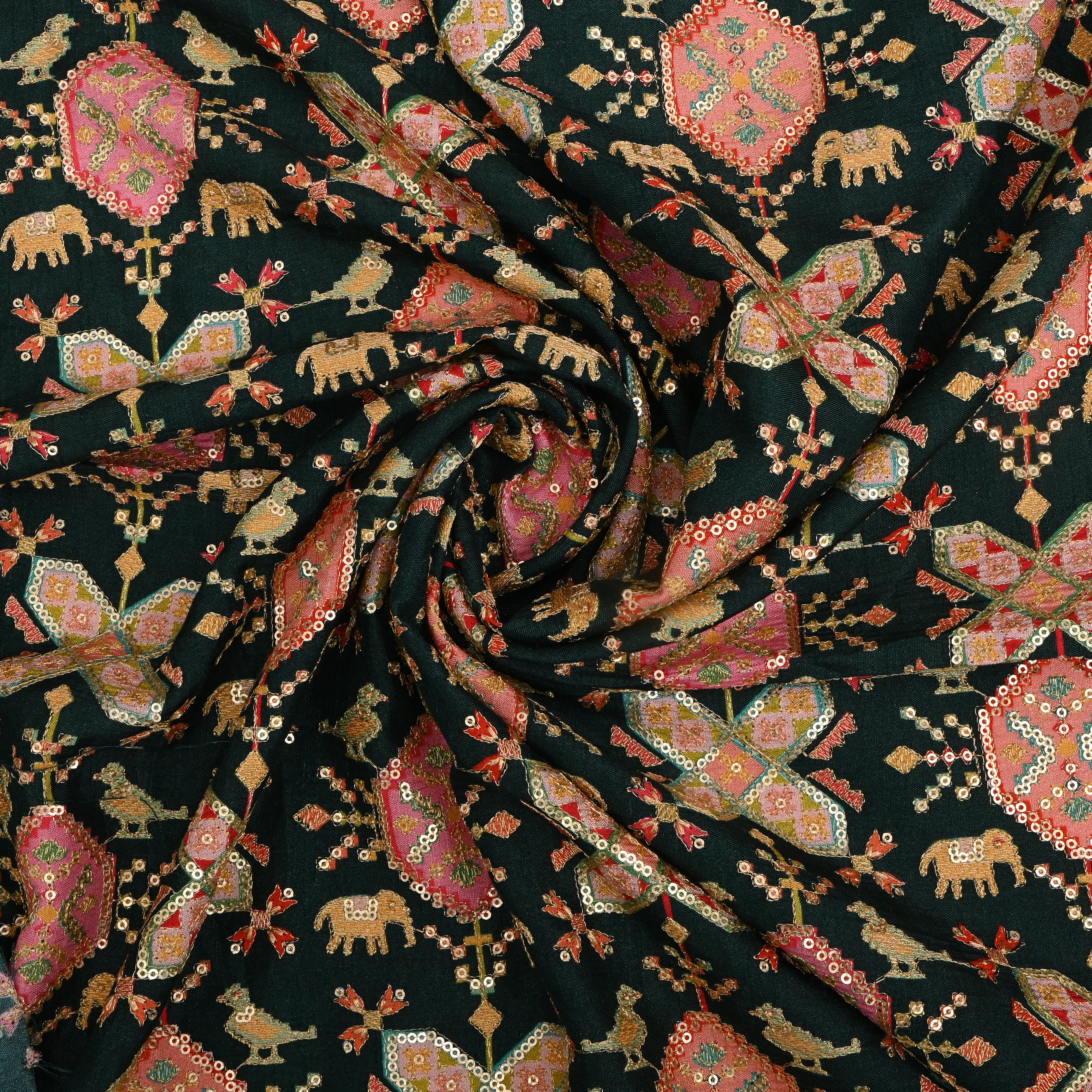 Dark Green Silk Fabric With Printed Embroidery