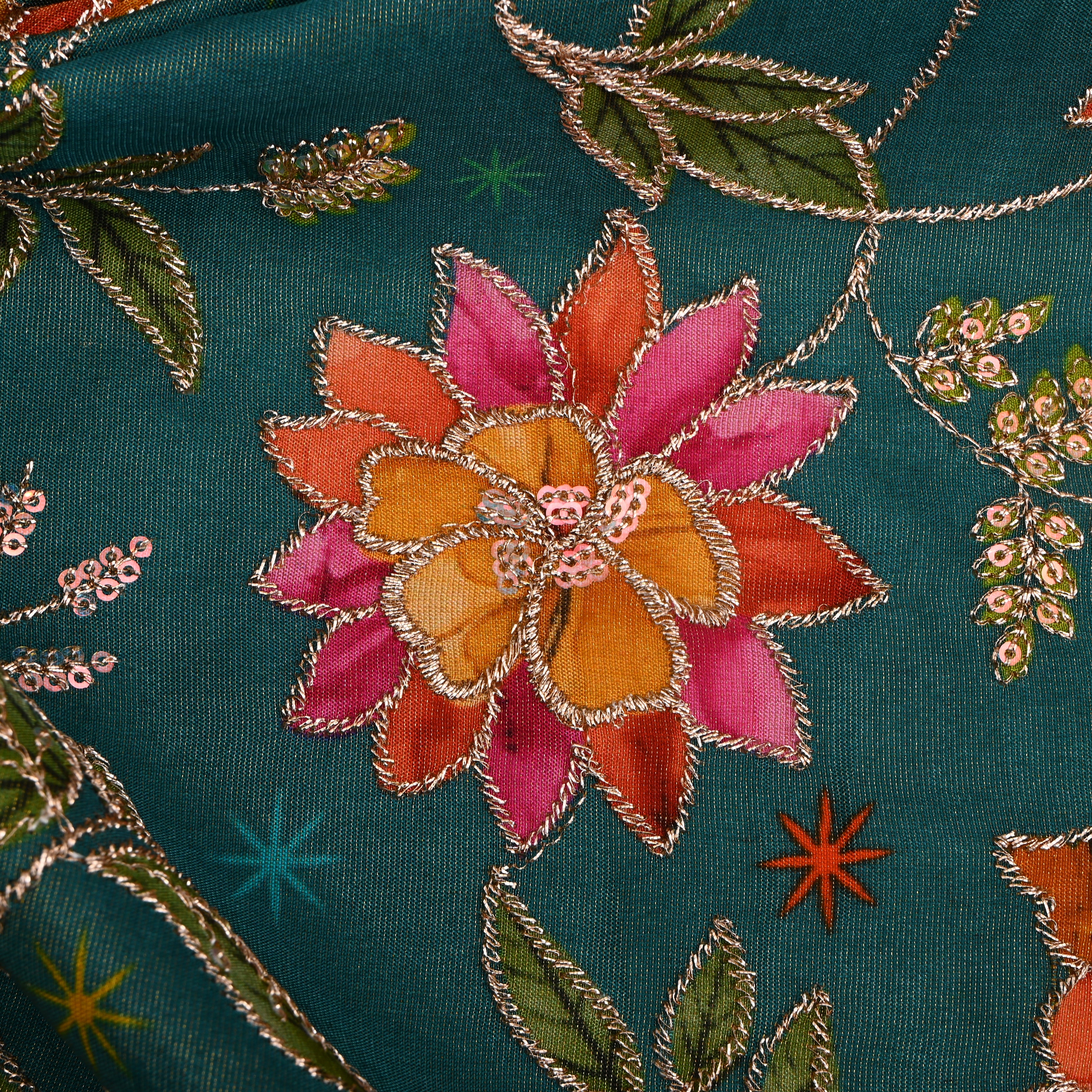 Emerald Green Tissue Fabric With Printed Embroidery