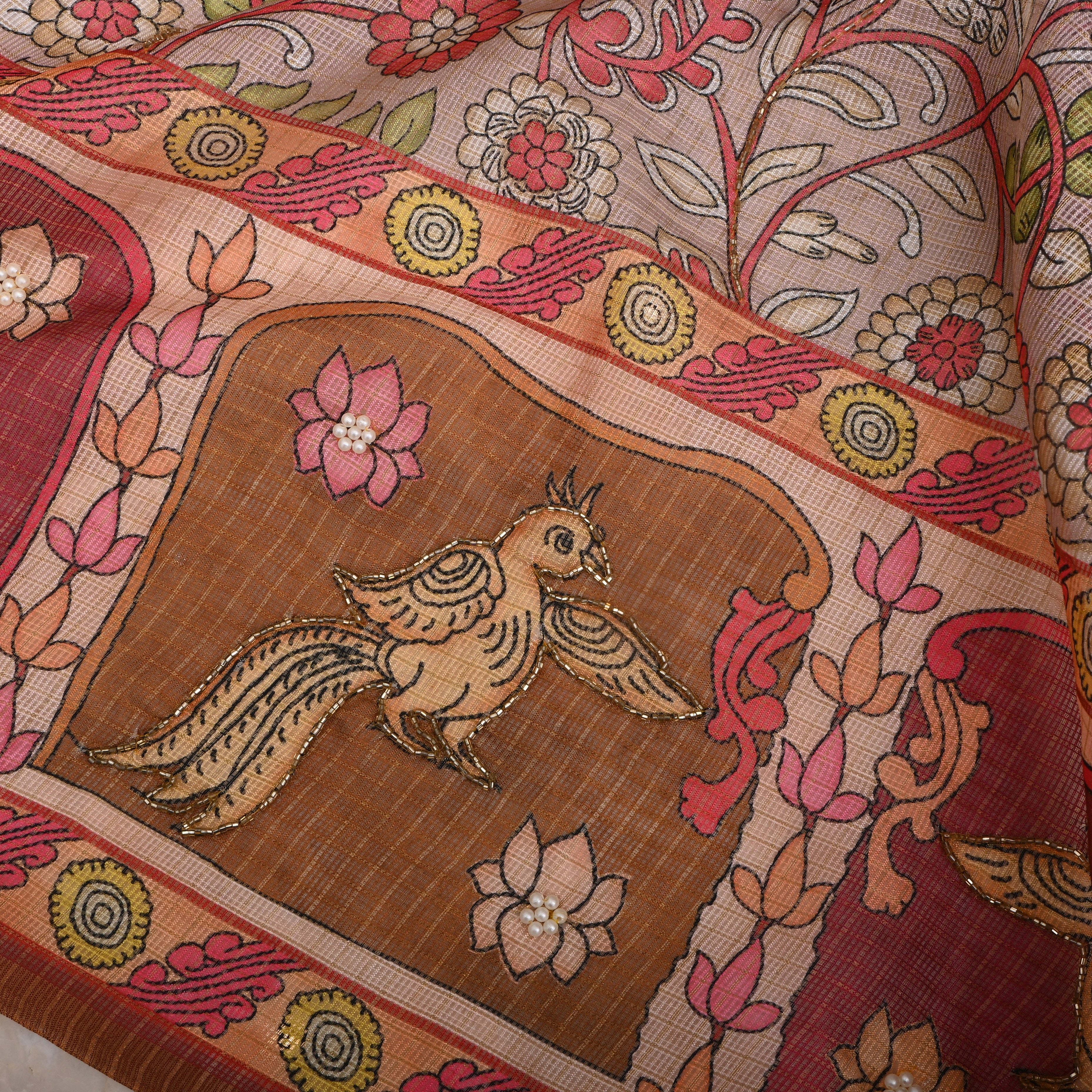 Champagne Pink Kota Fabric With Printed Embroidery