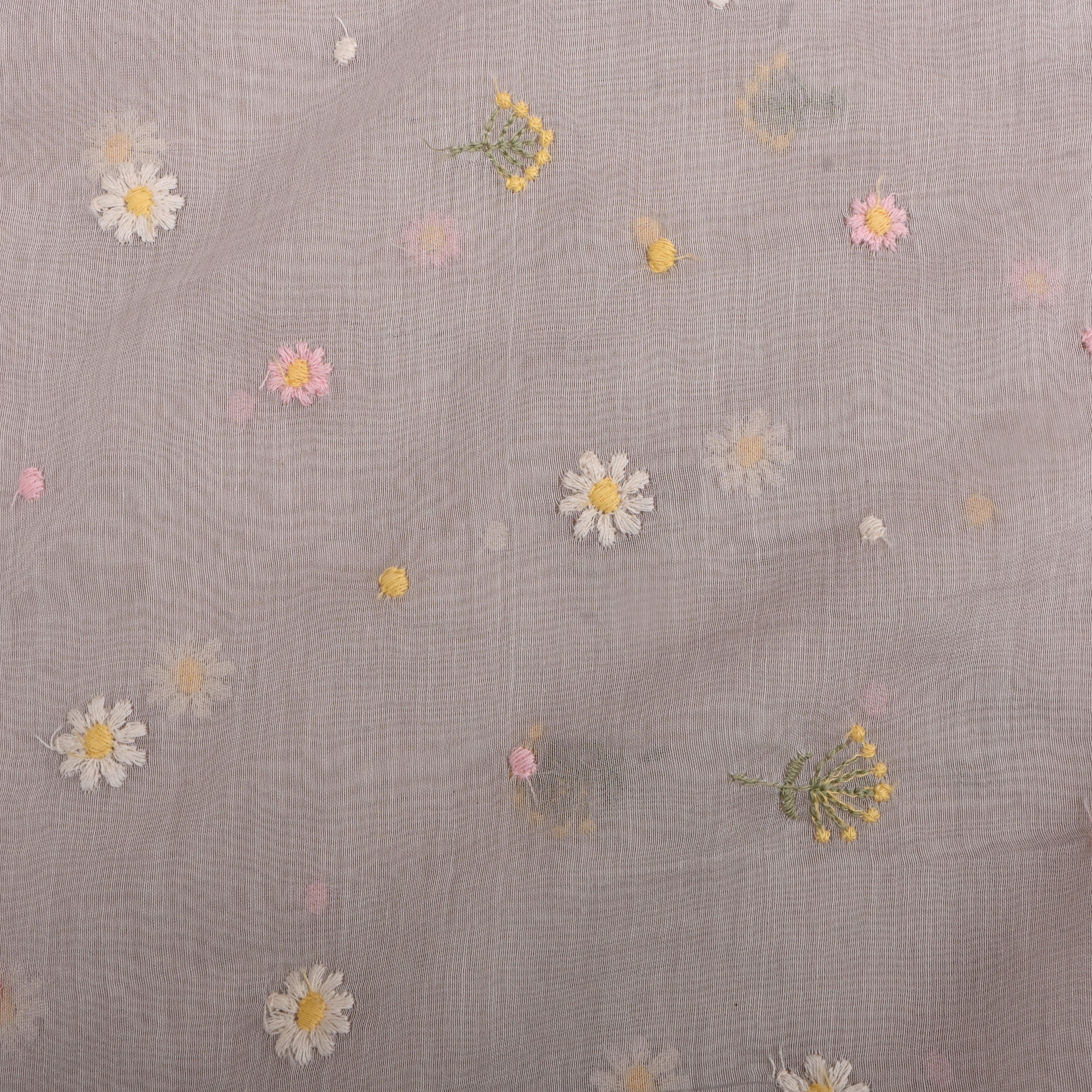 Silver Chanderi Fabric With Floral Thread Embroidery