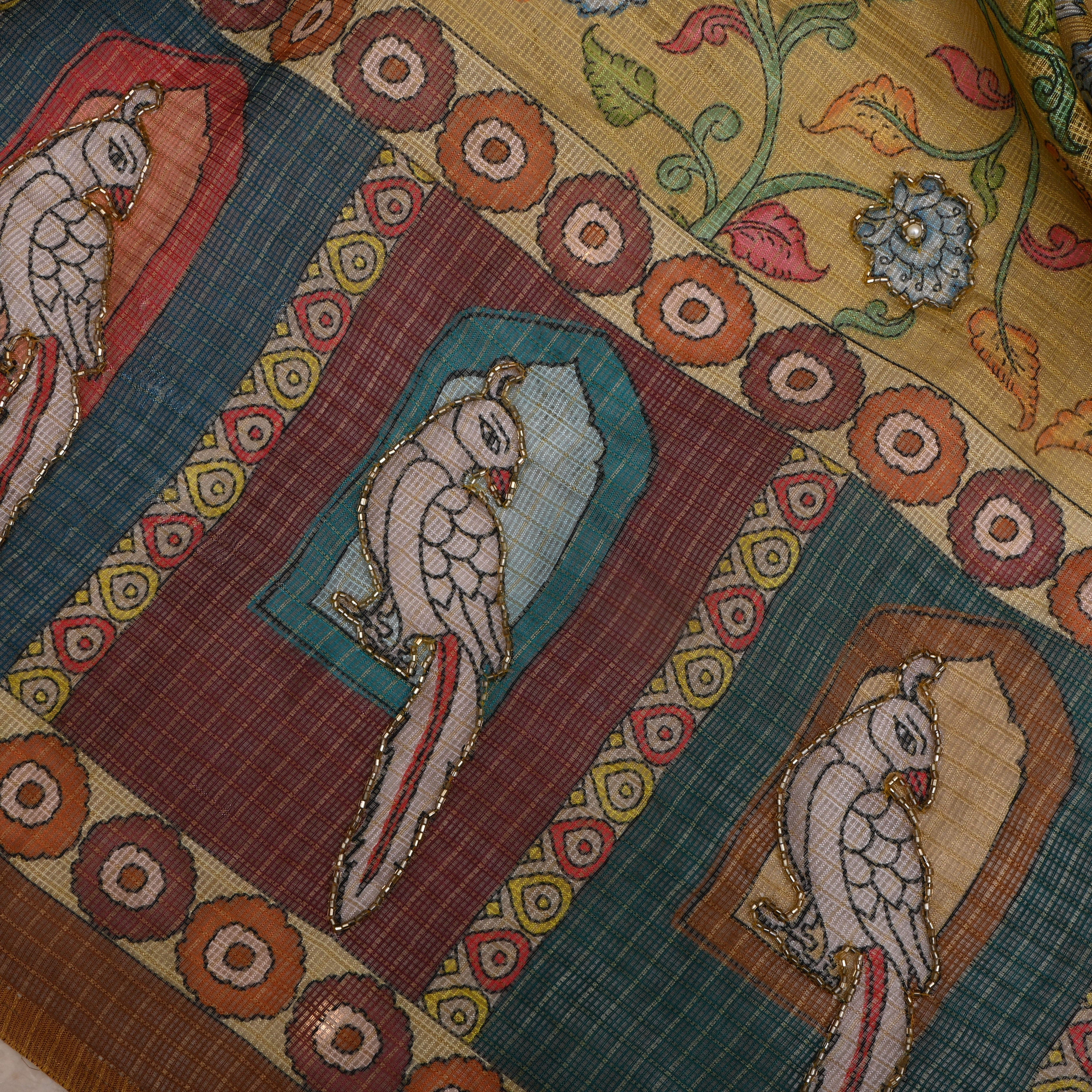 Arylide Yellow Kili Border And Floral Embroidered Kota Fabric