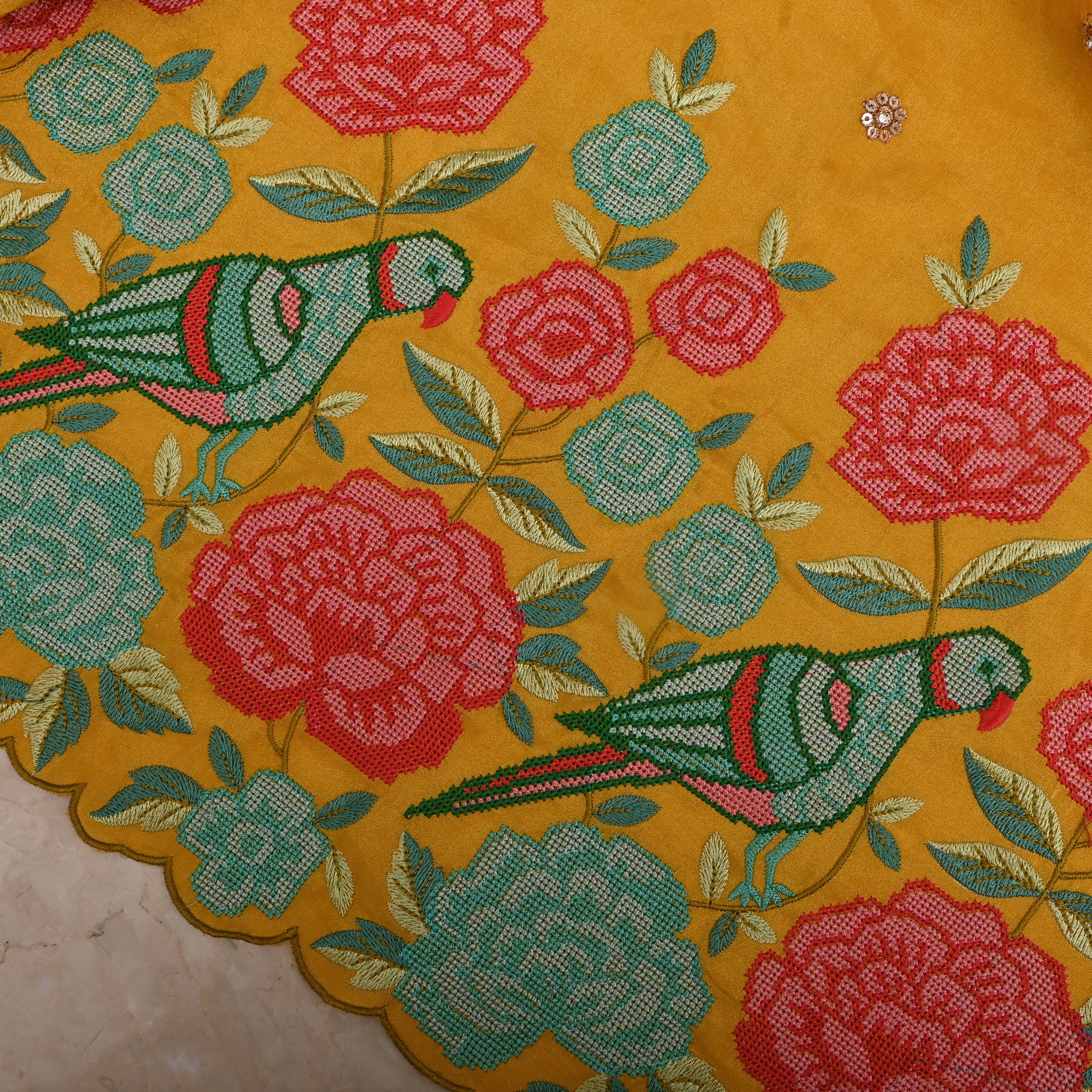 Mustard Yellow Tissue With Petit Point Embroidery