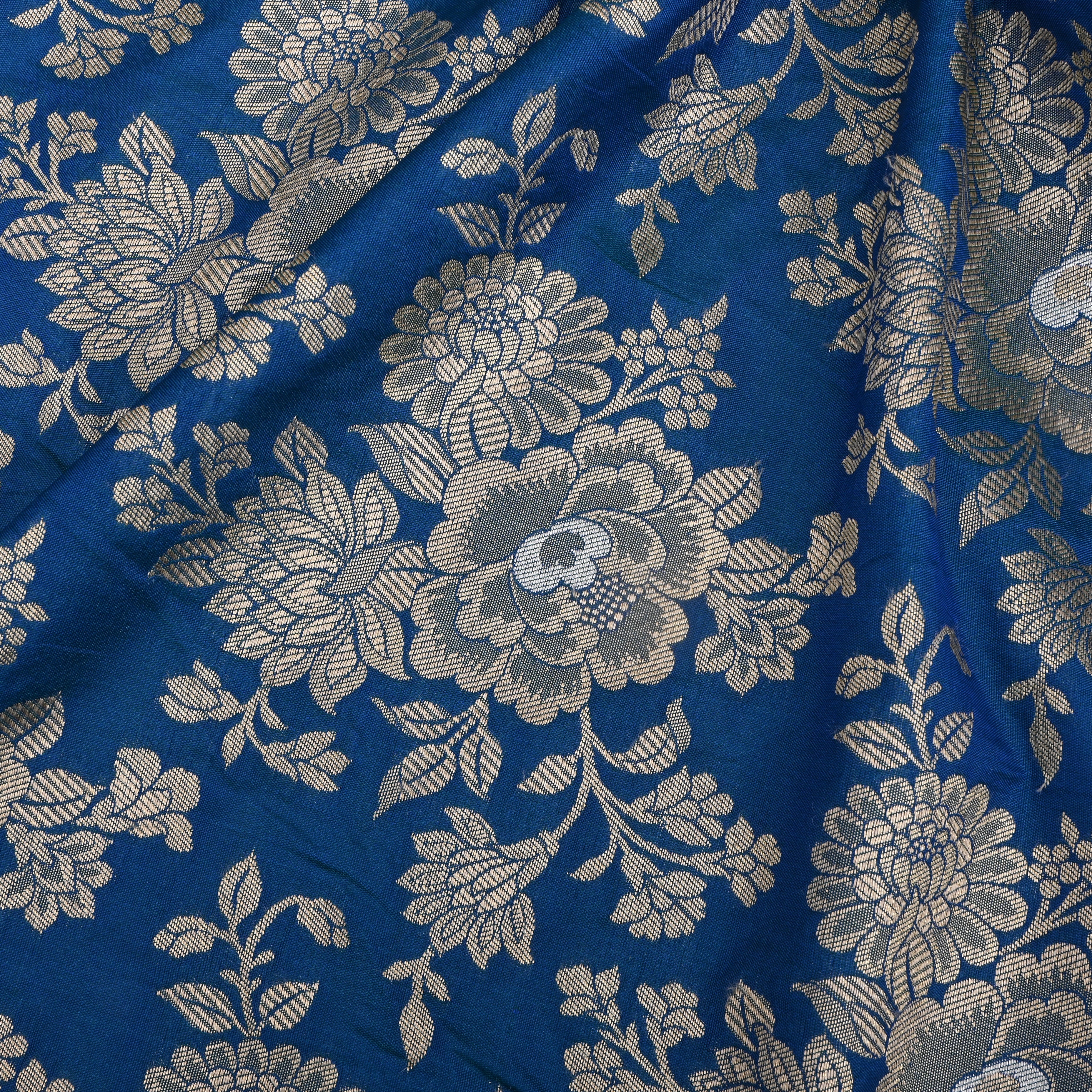 Bright Blue Jamawar Silk Fabric With Floral Jaal