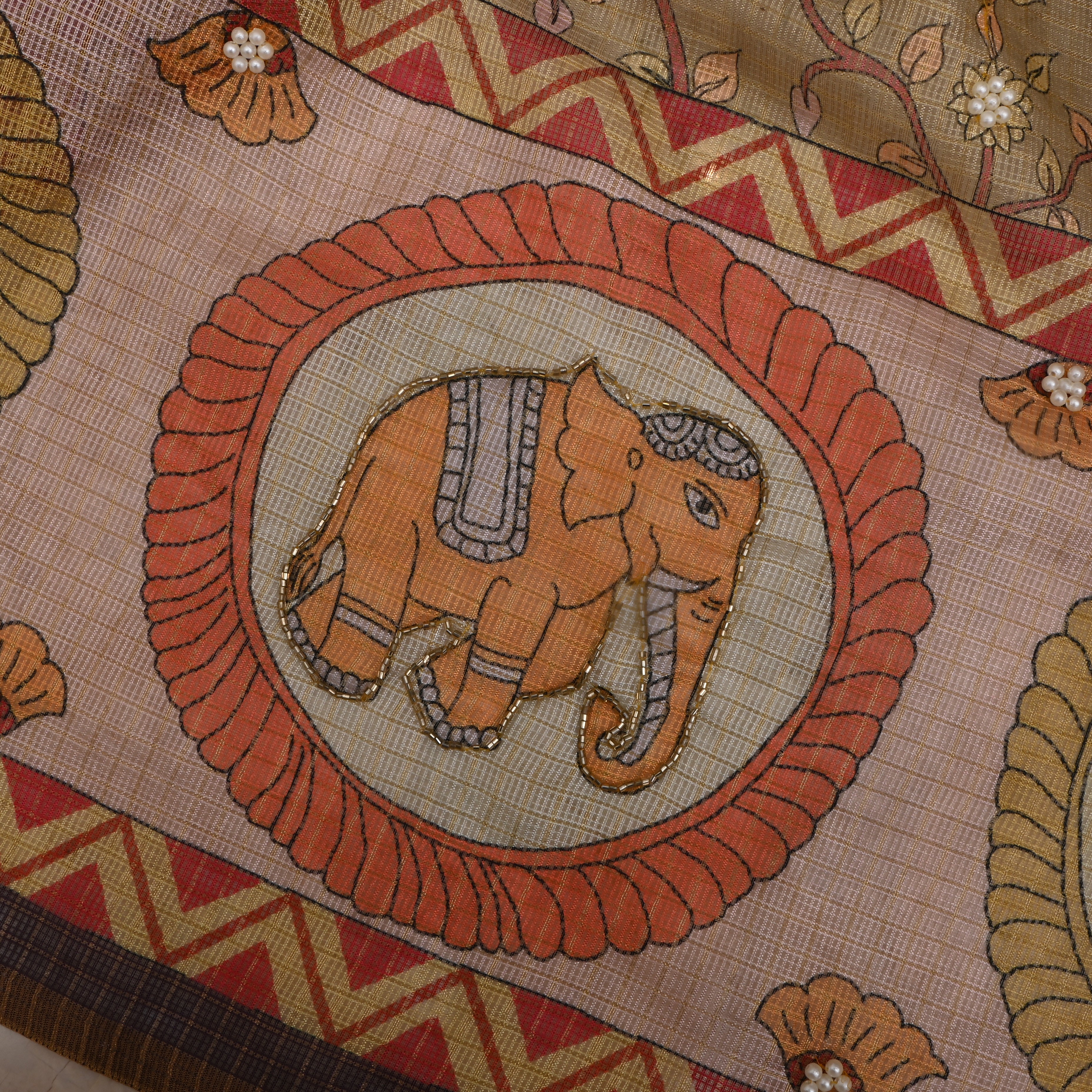 Beige Kota Fabric With Printed Embroidery