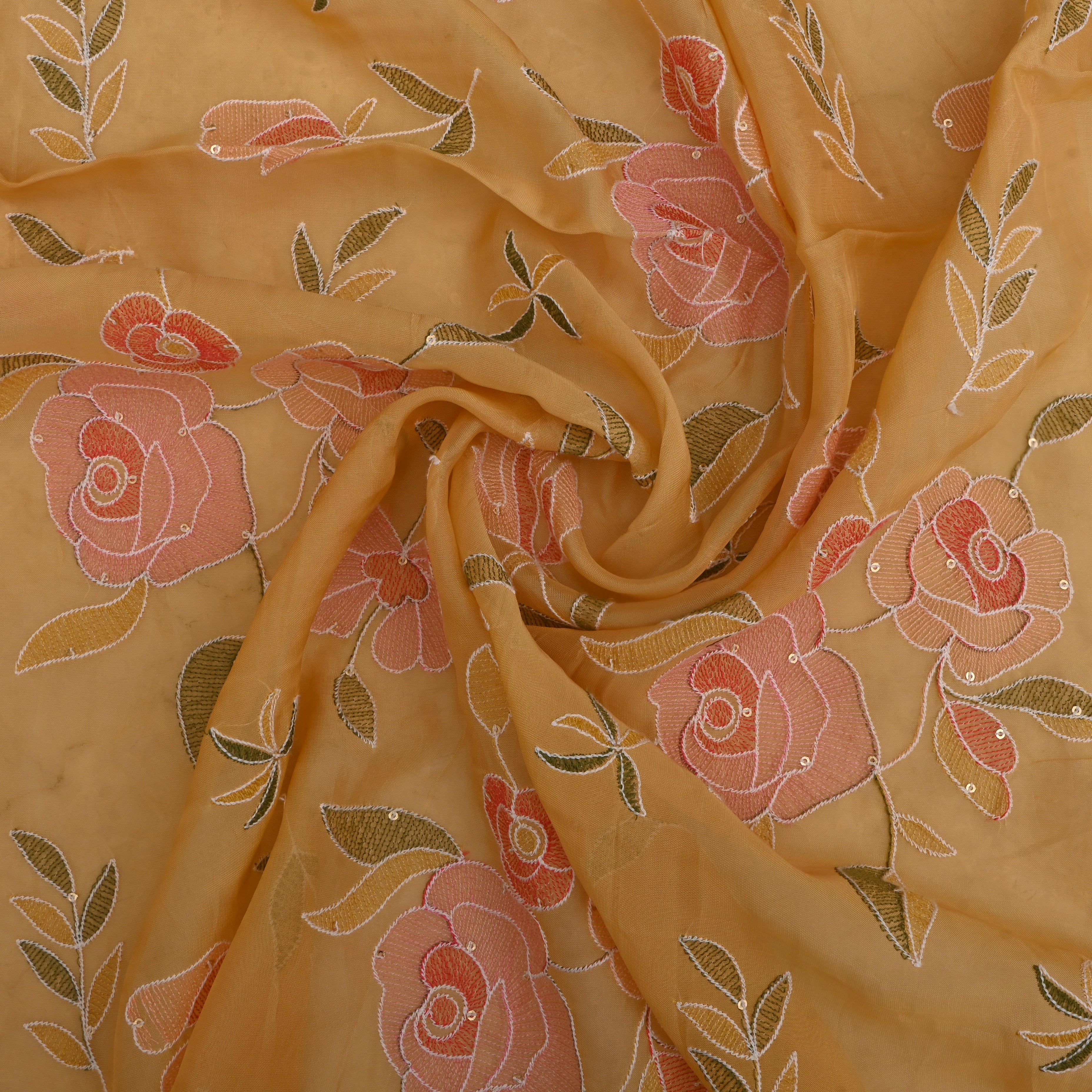 Gamboge Yellow Organza Fabric With Embroidery