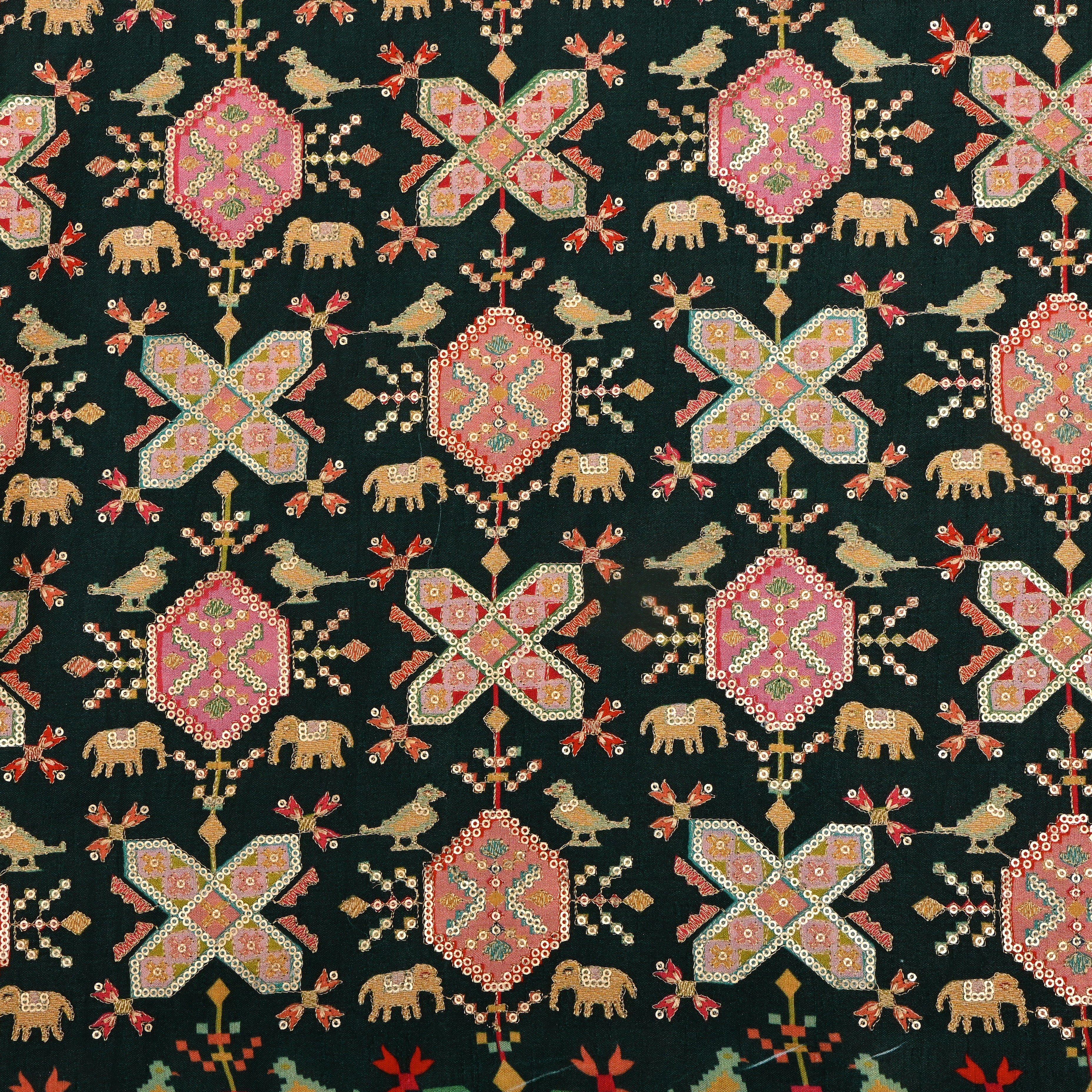 Dark Green Silk Fabric With Printed Embroidery