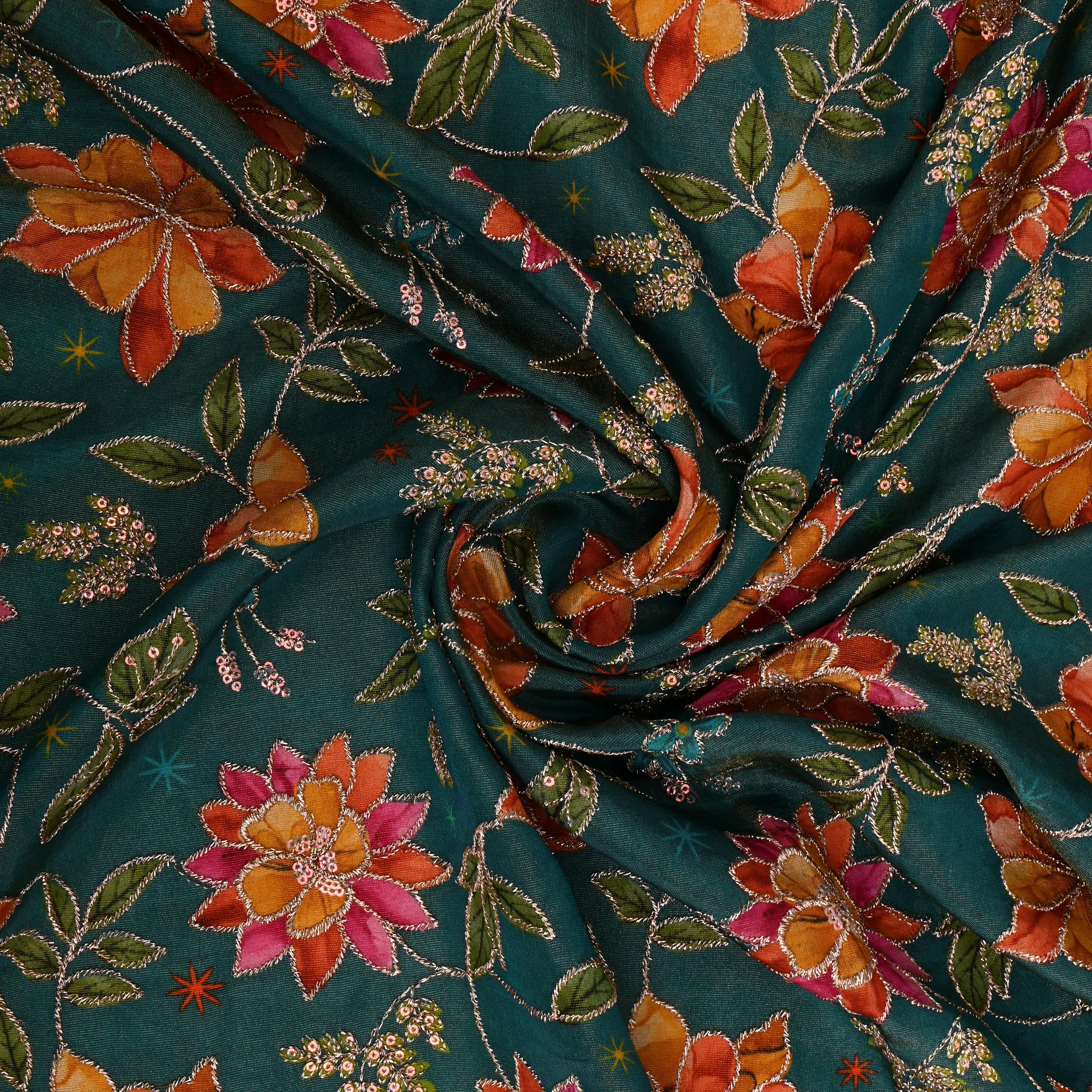 Emerald Green Tissue Fabric With Printed Embroidery