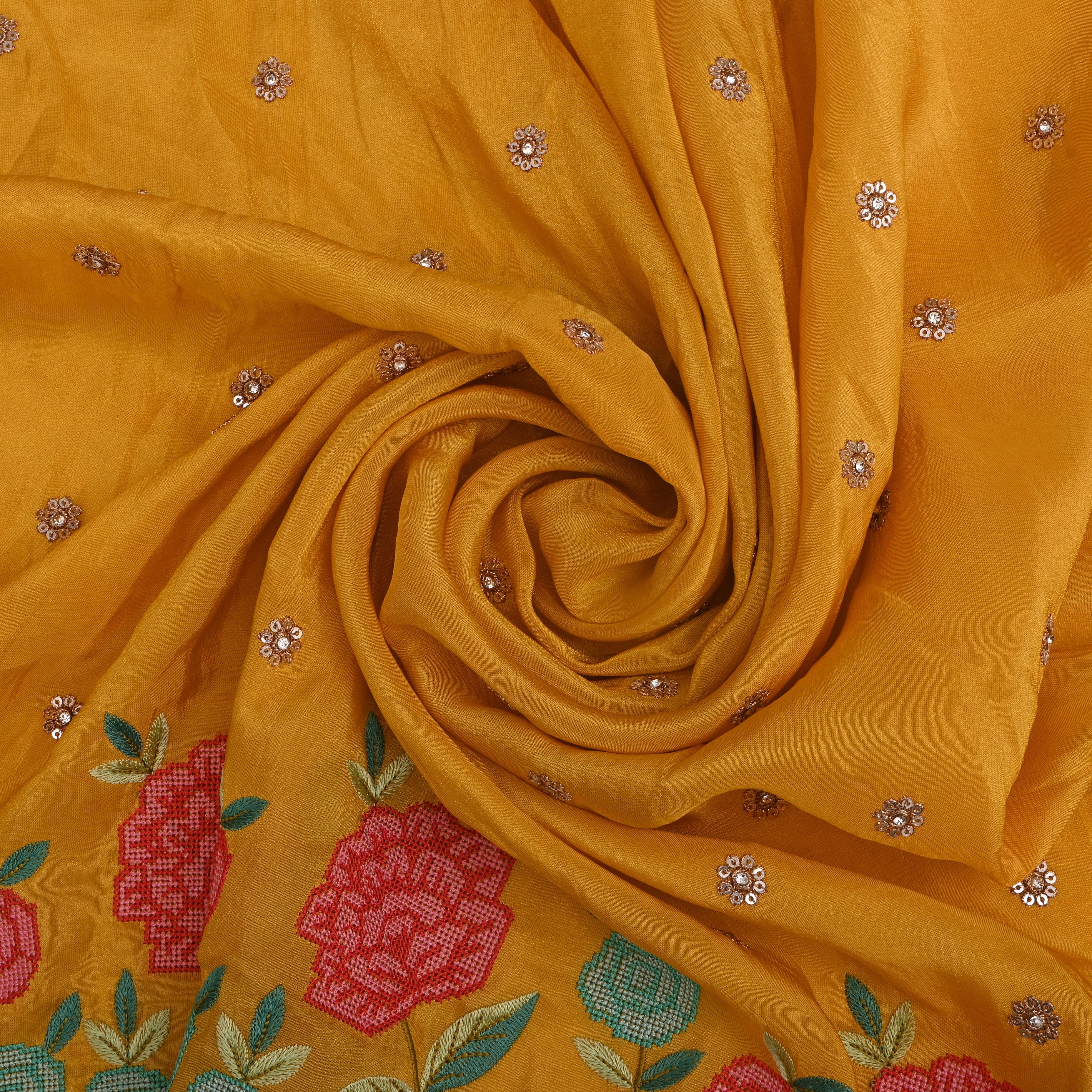 Mustard Yellow Tissue Fabric With Petit Point Embroidery