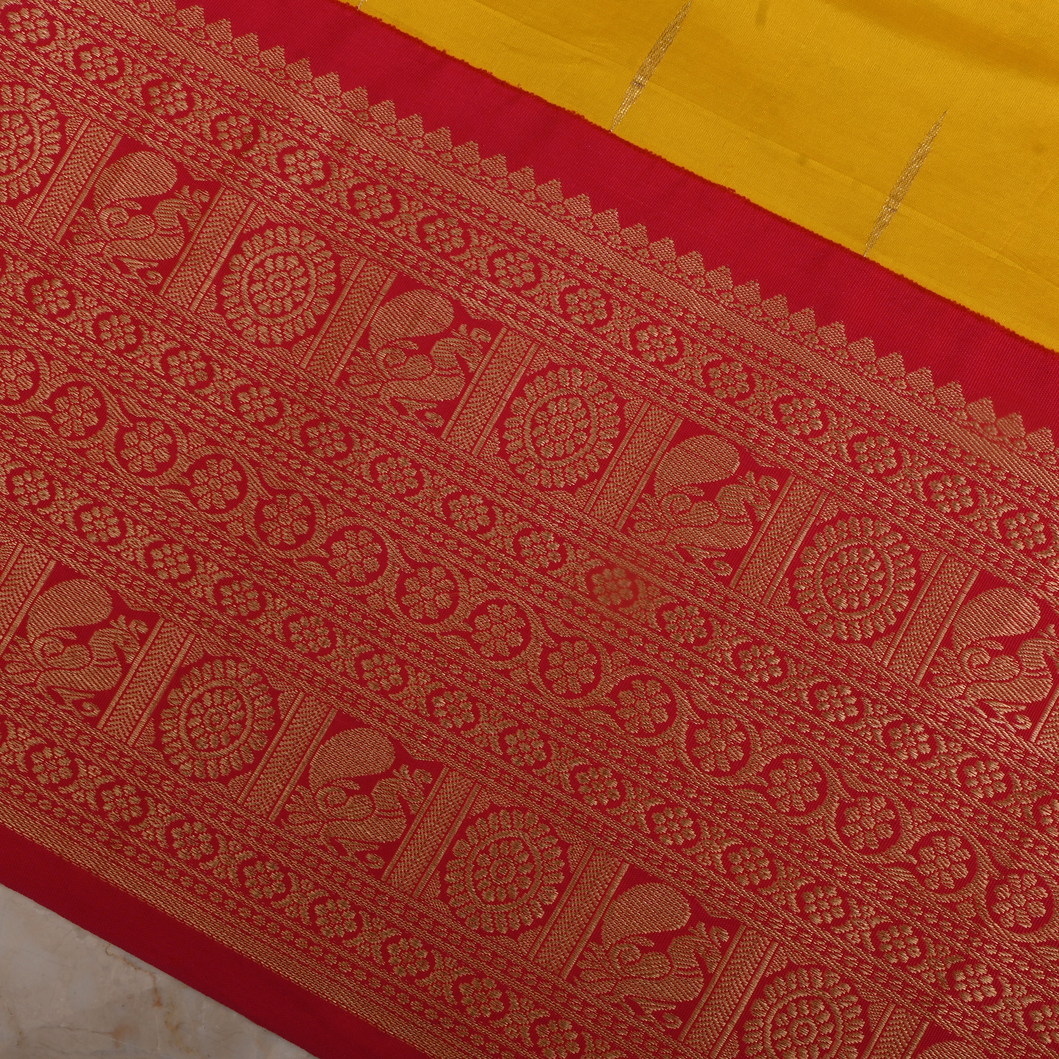 Yellow Orange Silk Fabric With Banarasi Border