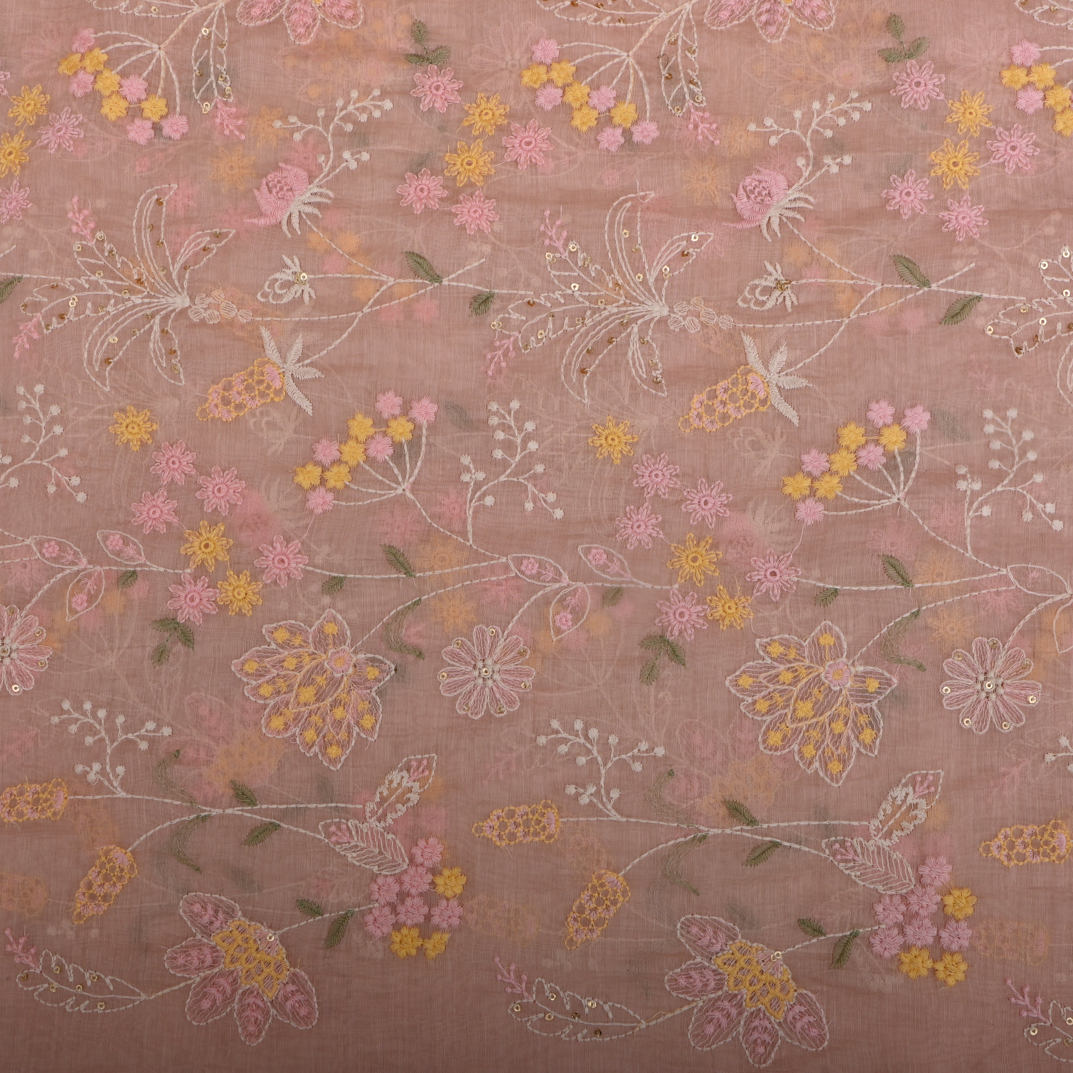 Soft Peach Mul Chanderi Fabric With Embroidery