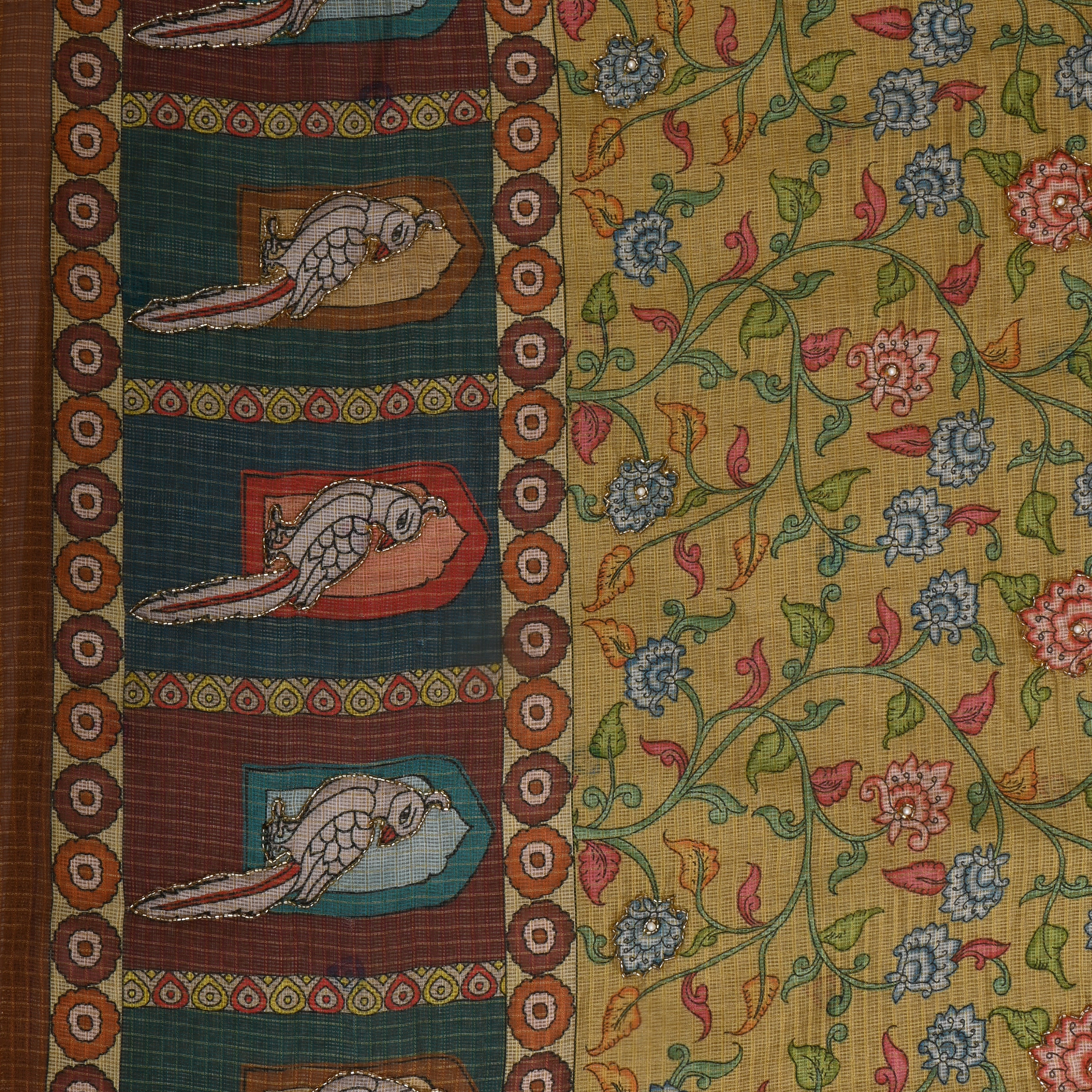 Arylide Yellow Kili Border And Floral Embroidered Kota Fabric