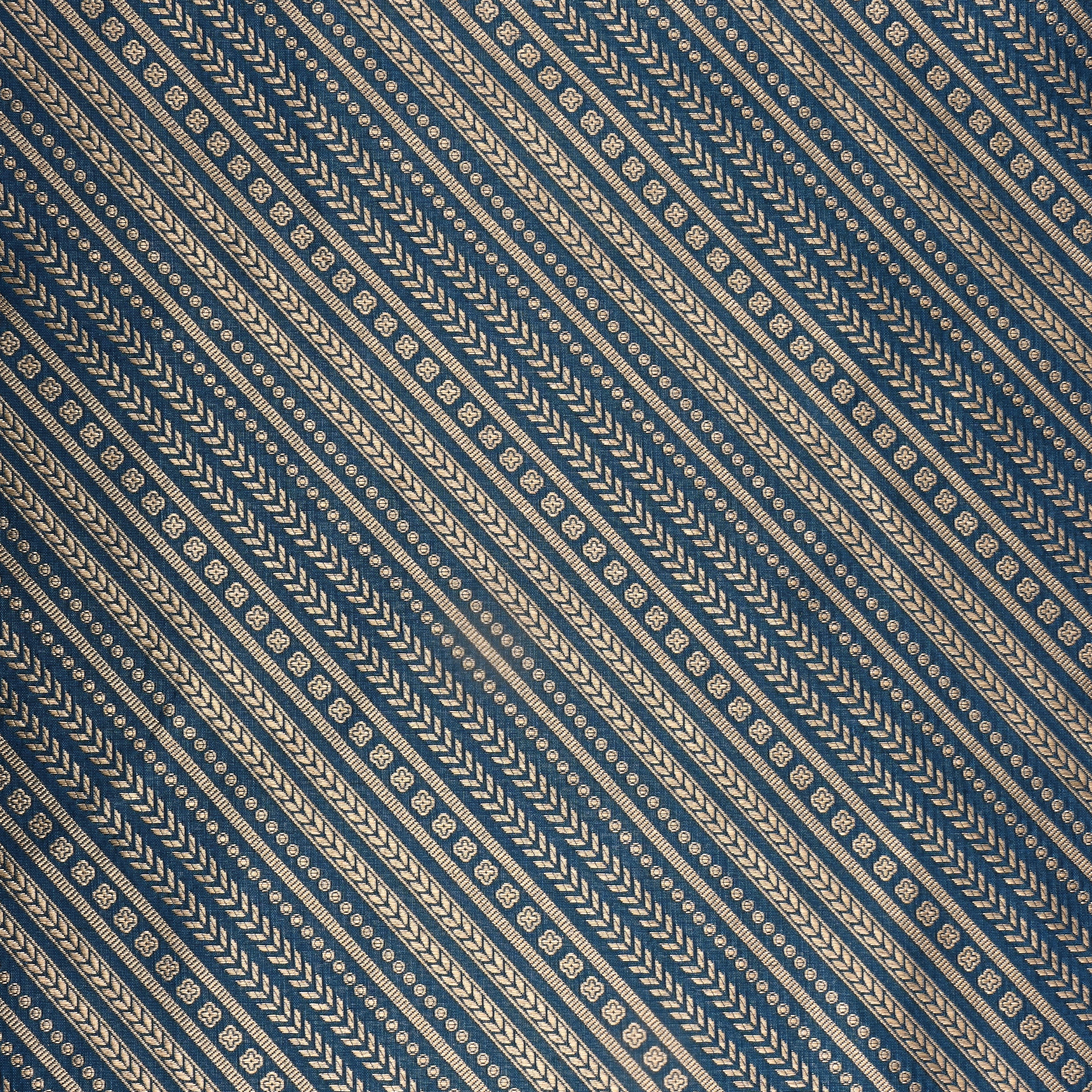 Navy Blue Jamawar Silk Fabric With Diagonal Stripes